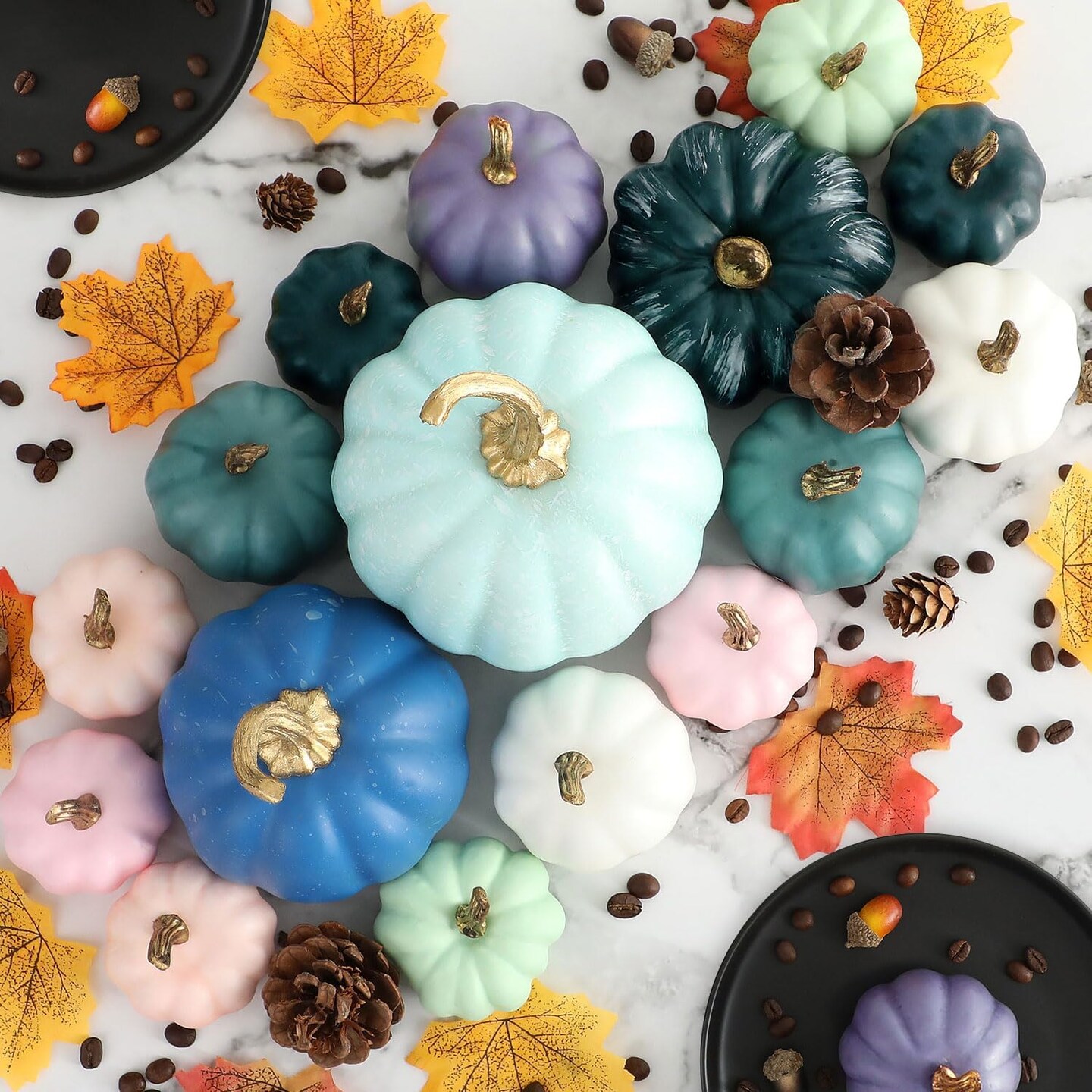 Decorative Large Small Outdoor Blue Green Pink Teal Foam Plastic Fake Faux Artificial Pumpkins for Halloween Autumn Harvest Festival Home Table Decor