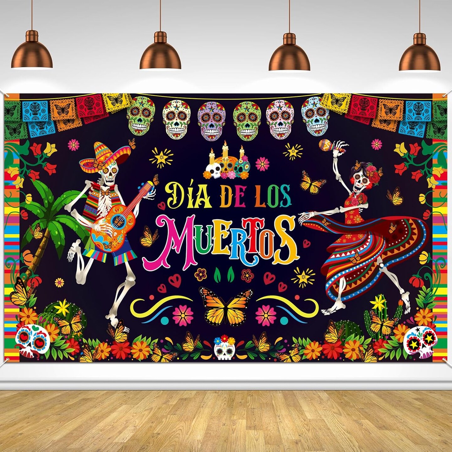 Dia De Los Muertos Backdrop Banner, Day of the Dead Party Decoration Background Banner, Sugar Skull Marigold Flower Banner for Halloween Mexican Fiesta Dia De Los Muertos Party Supplies