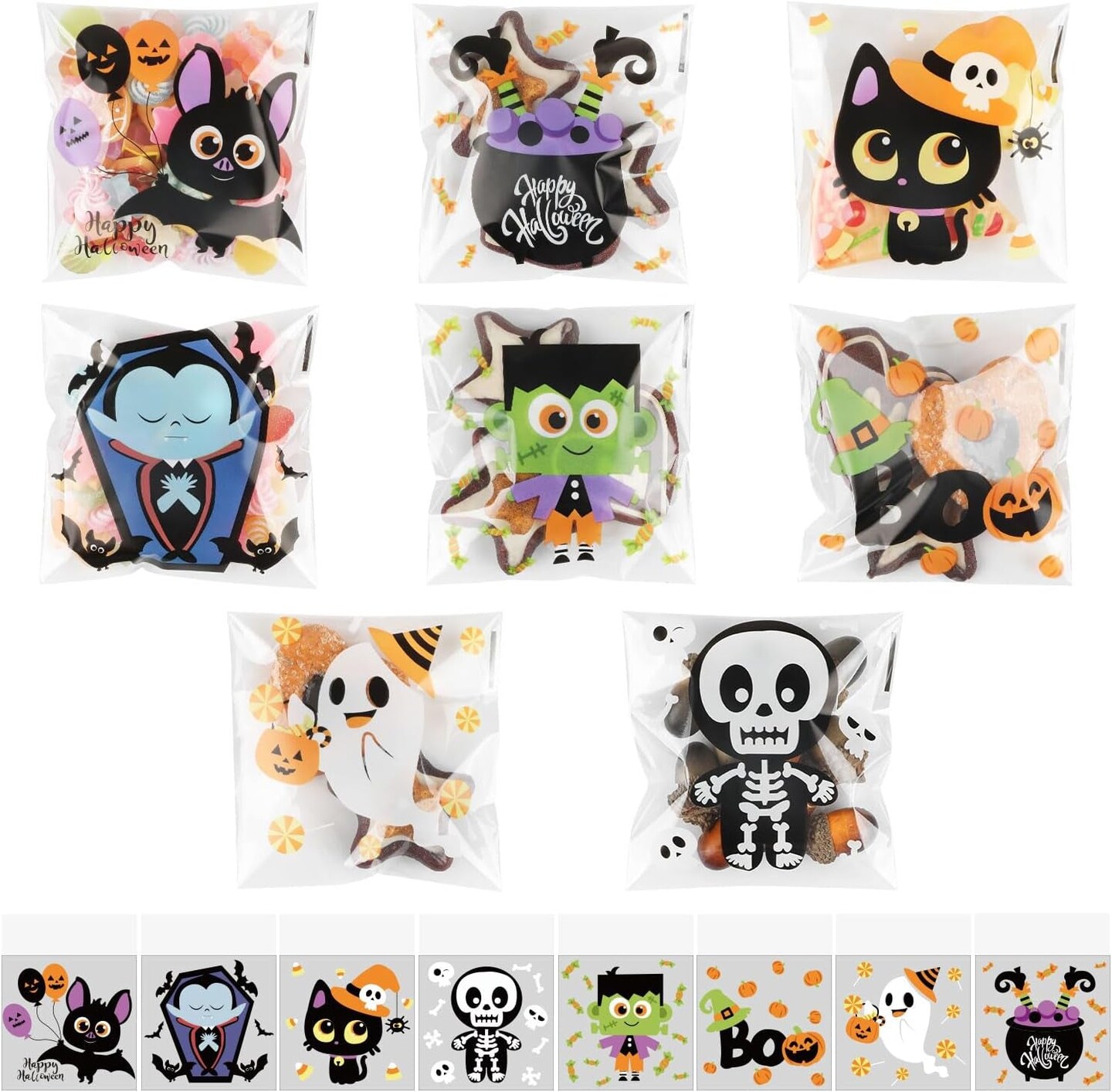 200Pcs Halloween Candy Bags,Self-Adhesive Cellophane Treat Bags 8 Styles Cute for Kids Gift Packing Party Favor Supplies