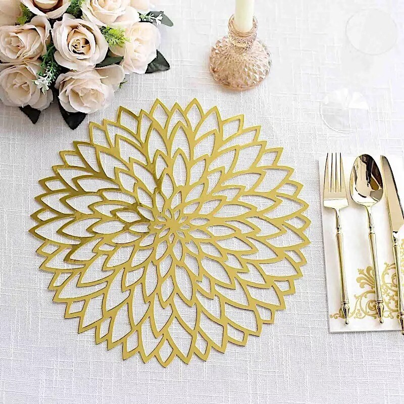 6 Metallic Gold 13&#x22; Laser Cut Hibiscus Flower Cardboard Placemats Party Events