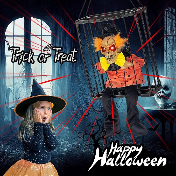 Hanging Decorations, Halloween Decors Prop with Motion Sensor Activated & Light Up Eyes Spooky Scary Cage Ghost Clown Prisoner for Indoor Outdoor Haunted House Decor