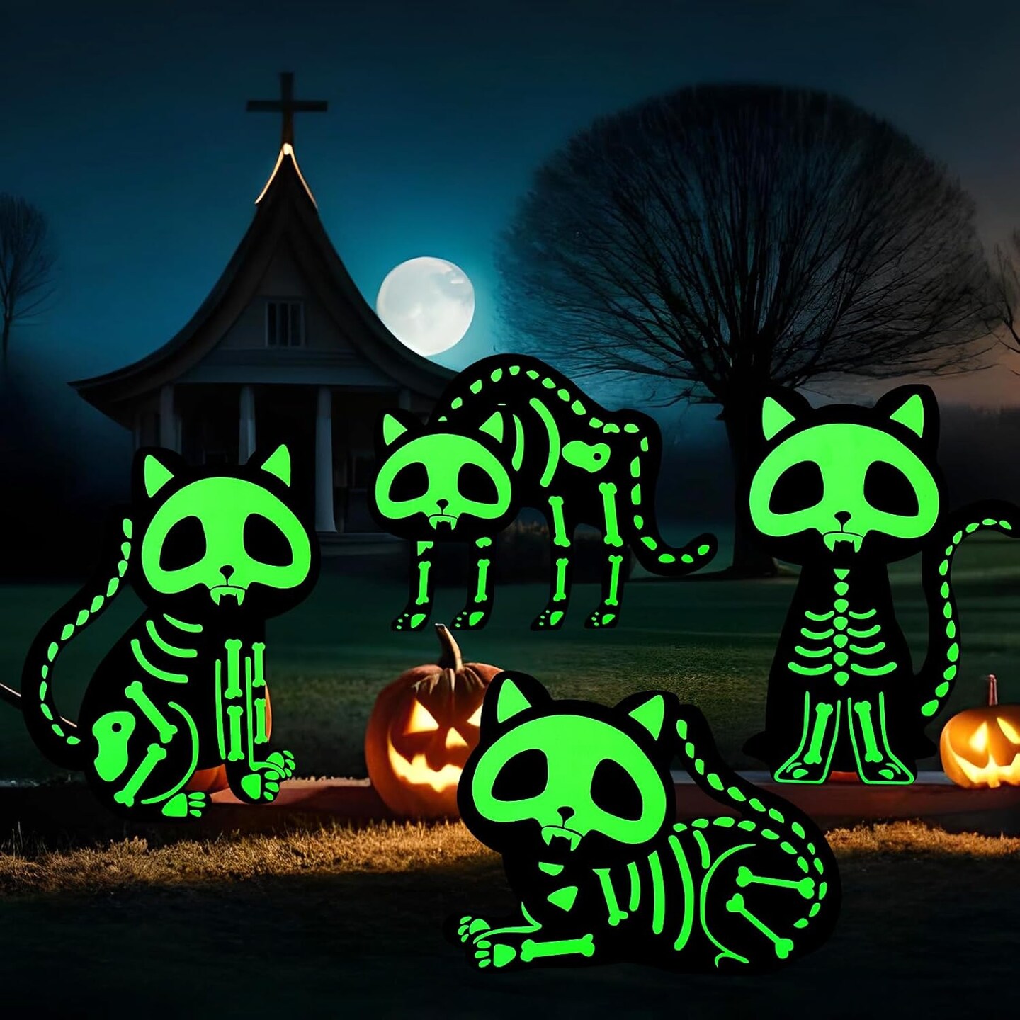 Glow in The Dark Cat Skeleton with Stakes for Spooky Halloween Yard Lawn Patio Garden Day of The Dead Decoration Supplies
