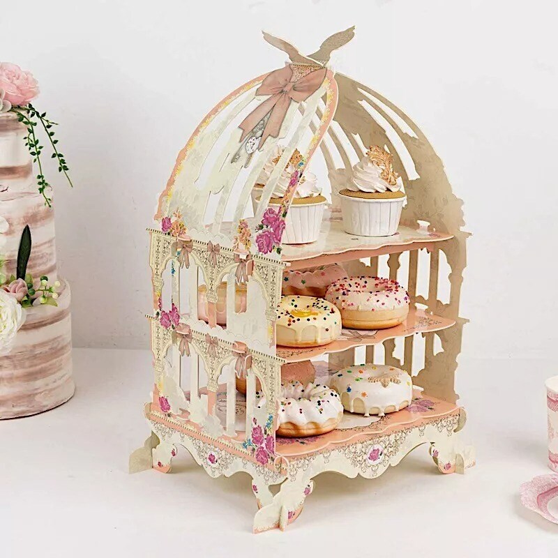 3 Tier White Peach Birdcage Cardboard Cupcake Stand Floral Print Party Events