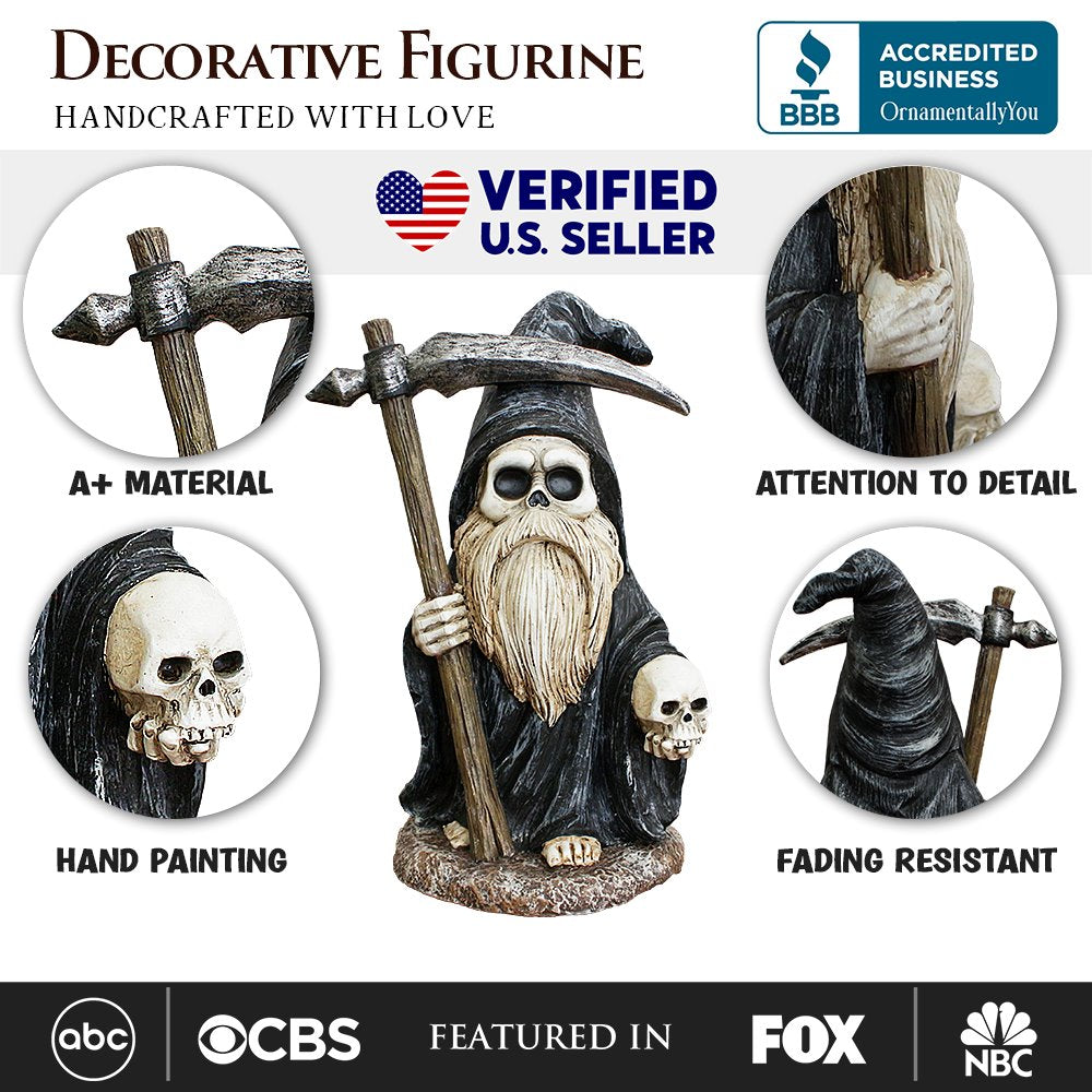 Grim Reaper Gnome Figurine 7&#x22;, Gothic Occult Statue Yard Decoration