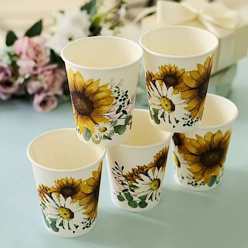 24 White 9 oz Yellow Sunflower Design All Purpose Paper Cups Party Tableware