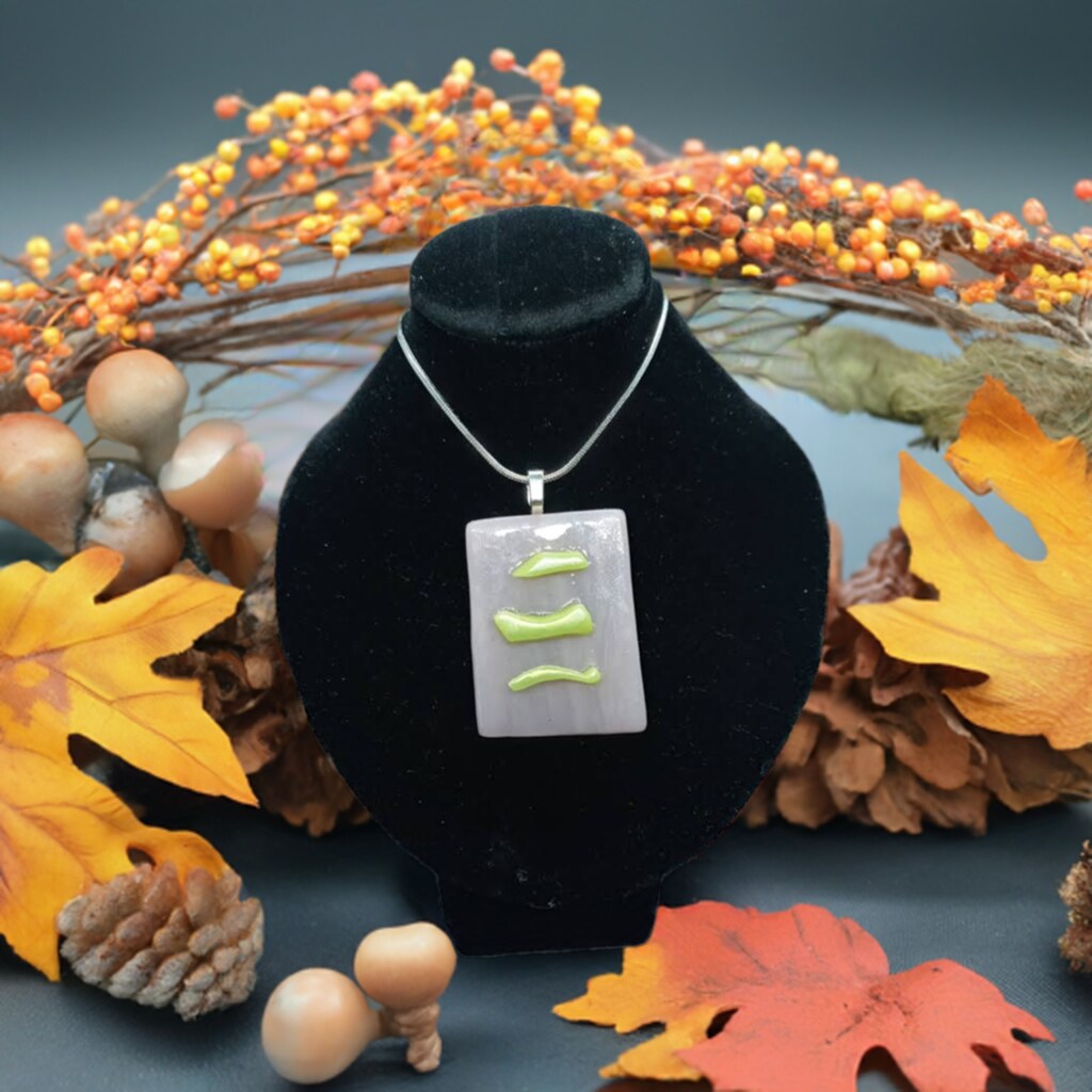 Fun festival style necklace Artisan handmade fused glass jewelry One of a kind pink green pendant Eye catching gift for art lovers