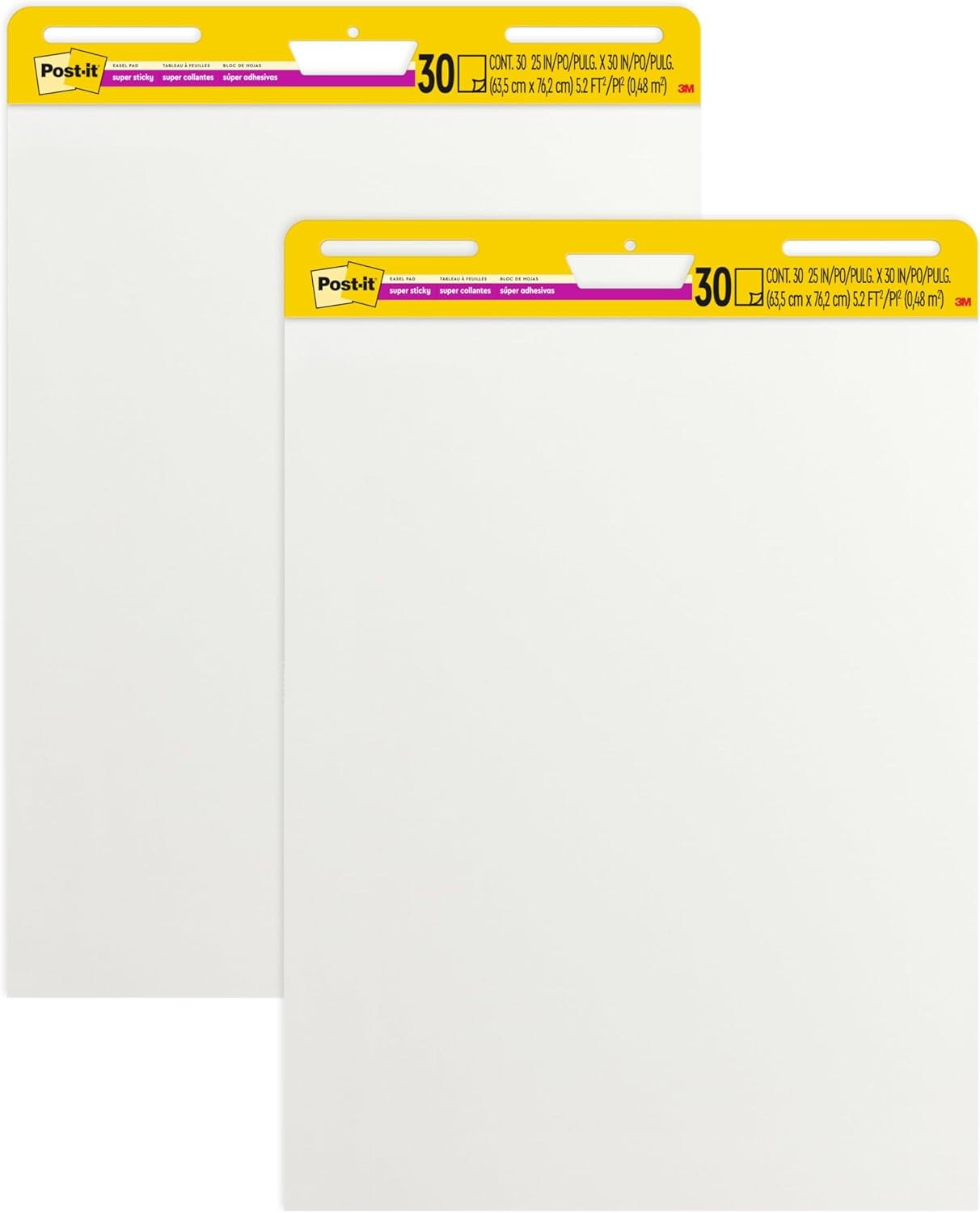 Super Sticky Easel Pad, 25 in X 30 In, White, 30 Sheets/Pad, 2 Pad/Pack, Large White Premium Self Stick Flip Chart Paper, Super Sticking Power (559)