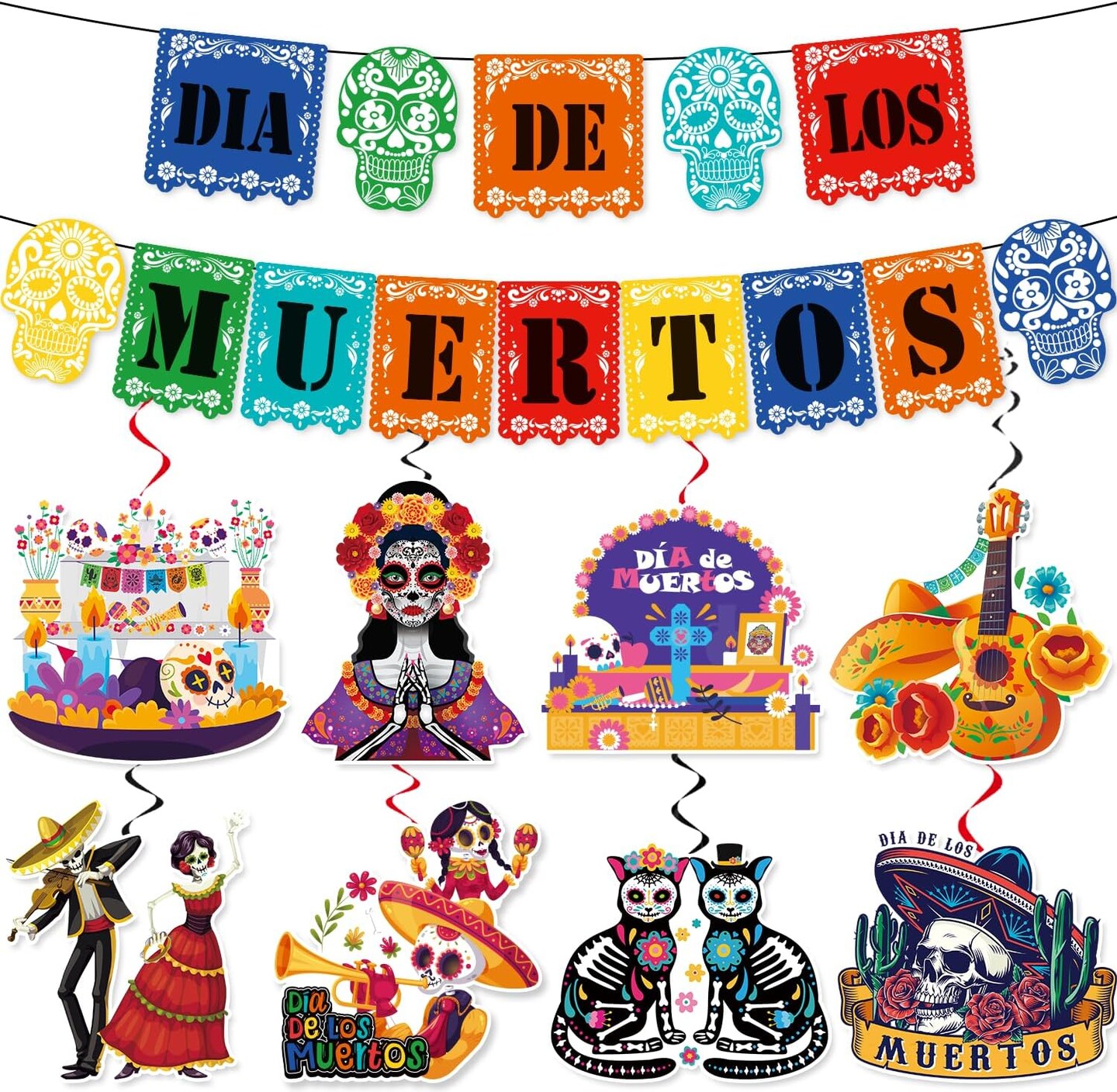 Dia De Los Muertos Decorations Day of the Dead Decorations includes 1pcs Dia De Los Muertos Banner and 8pcs Dia De Los Muertos Altar Hanging Swirls for Day of The Dead Ofrenda Decorations