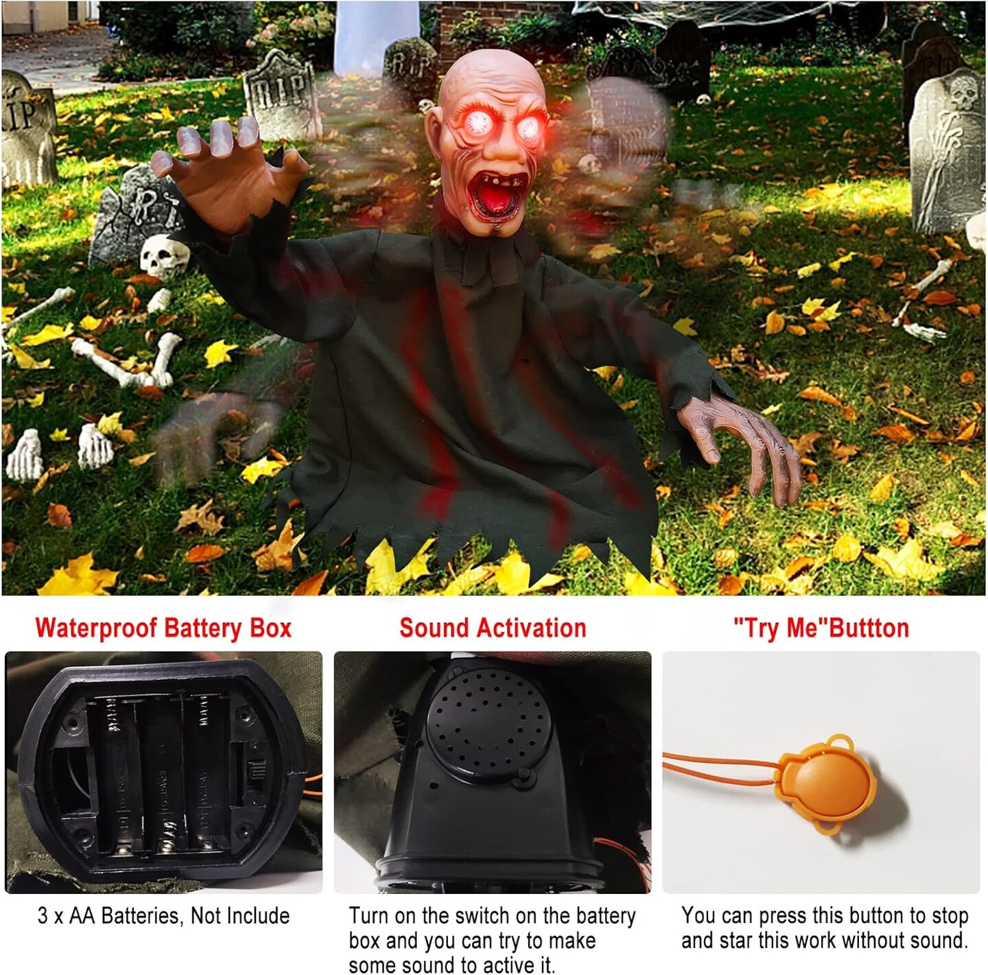 Animated Halloween Decorations Outdoor Scary Groundbreaker Zombie Props with LED Eyes, Swing Body and Creepy Sound, Animatronic Props for Lawn Yard Graveyard Haunted House Halloween Outside Decor
