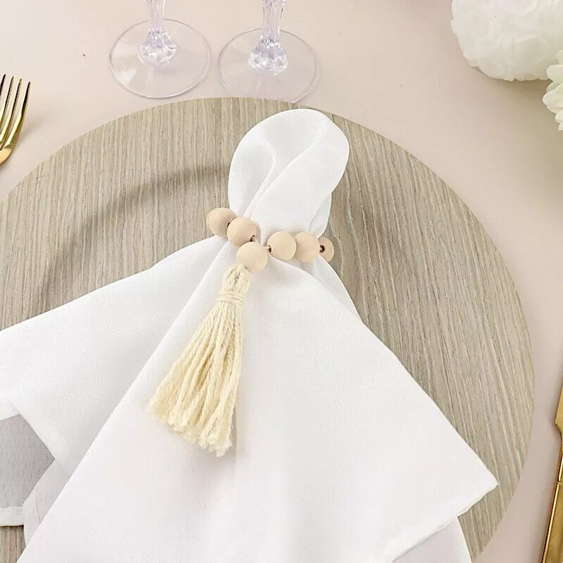 4 Cream Round Wood Bead Napkin Rings Tassels Wedding Party Events Decorations