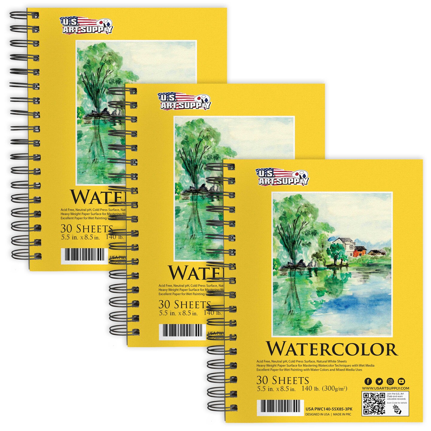 U.S. Art Supply 5.5&#x22; x 8.5&#x22; Heavyweight Watercolor Painting Paper Pad, Pack of 3, 30 Sheets Each, 140lb (300gsm), Spiral Bound, Cold Pressed Acid-Free