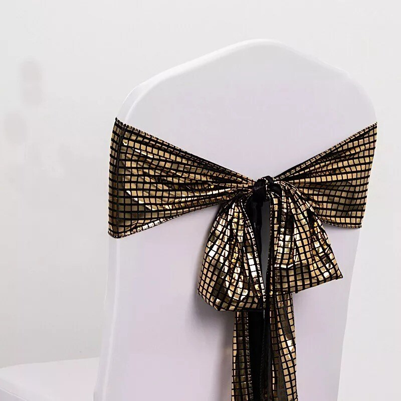 5 Black Gold Polyester Chair Sashes Mirror Foil Design Party Events Decorations
