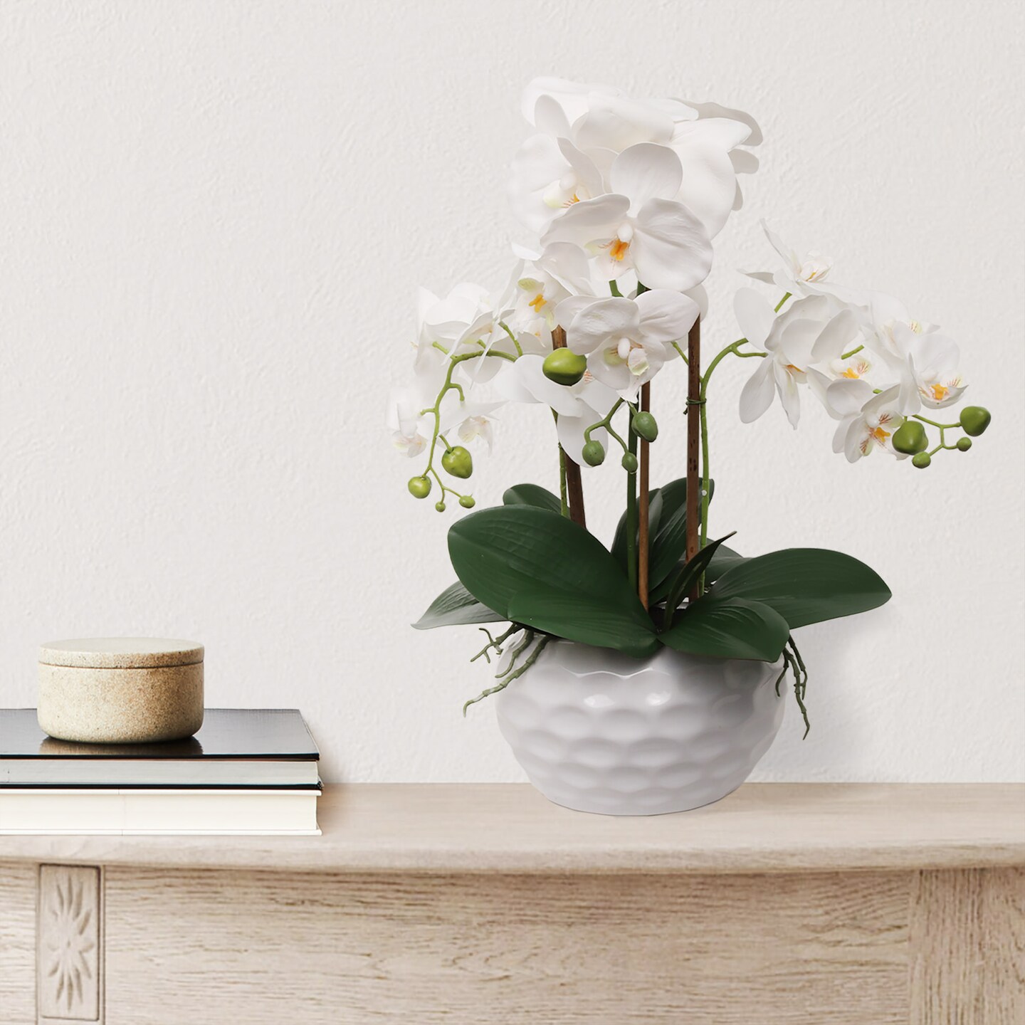 19" White Phalaenopsis Orchid Flowers in Dimple White Vase, Elegant Faux Floral Arrangement, Ideal for Home, Office, and Event Décor, Floral Home by Artificial Flowers