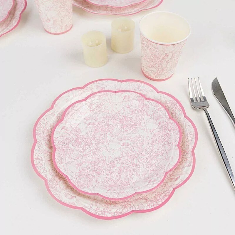 75 Pink White Vintage Floral Paper Plates Cups Party Event Tableware Decorations