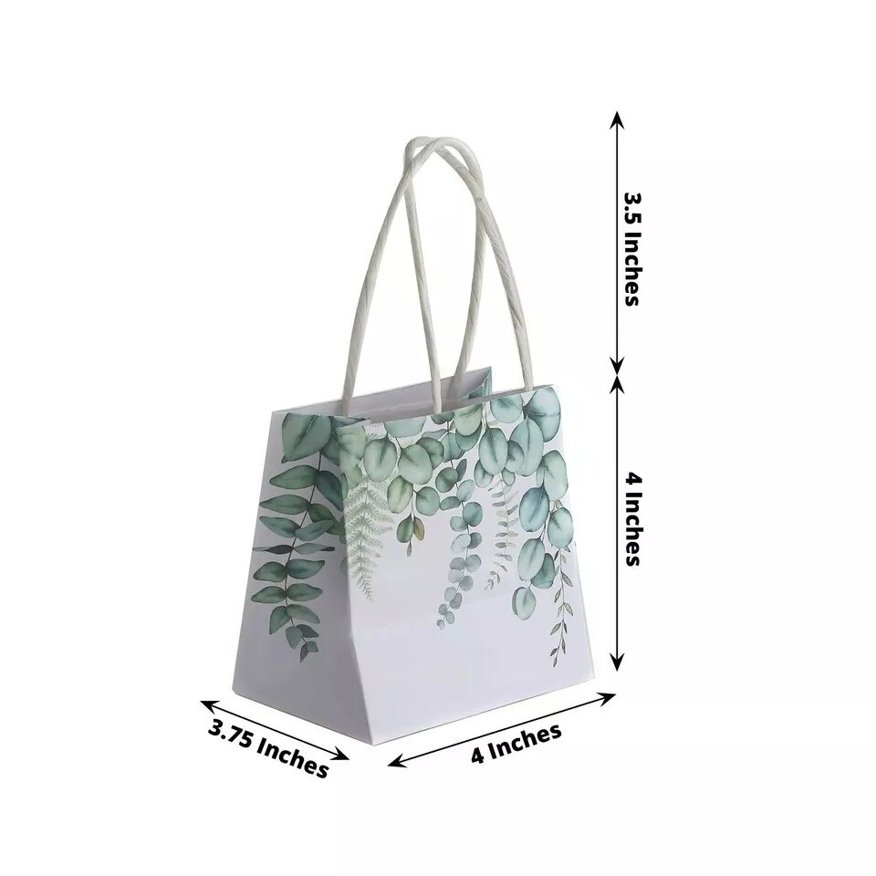 Green 12 Paper 4&#x22; Eucalyptus Leaves Print Favor Gift Bags Handles Party Events