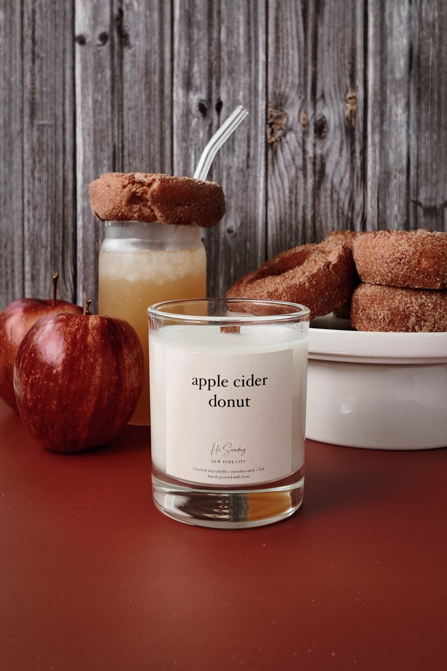 APPLE CIDER DONUT CANDLE - Cozy Fall Decor, Coconut Soy Wax, Crackling Wooden Wick