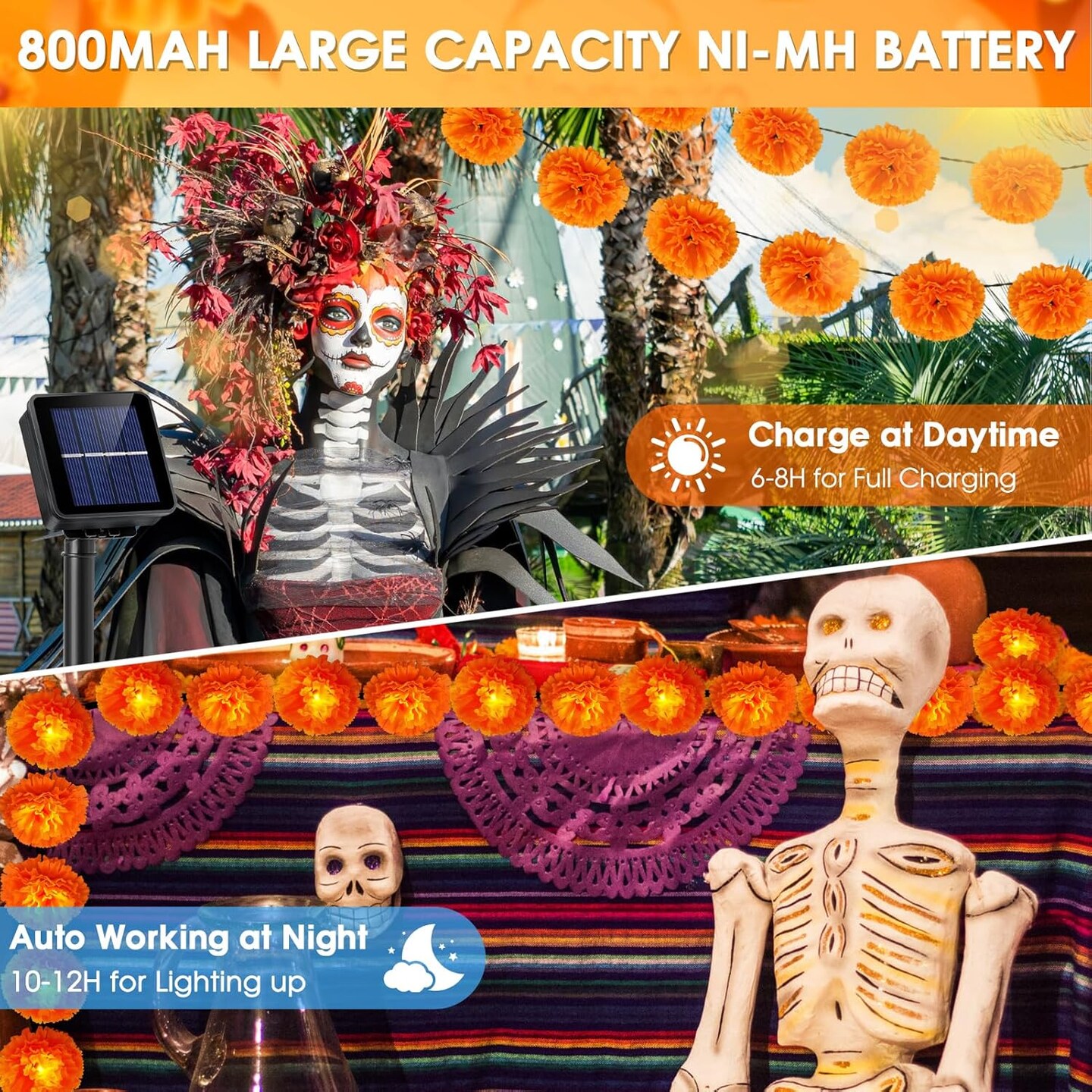 Solar Marigold Garland Lights, Solar Powered Marigold Flowers Outdoor Waterproof with 30 LEDs for Outside Dia de los Muertos, Day of the Dead, Diwali, Coco Party, Altar, Grave, Cemetery Decorations