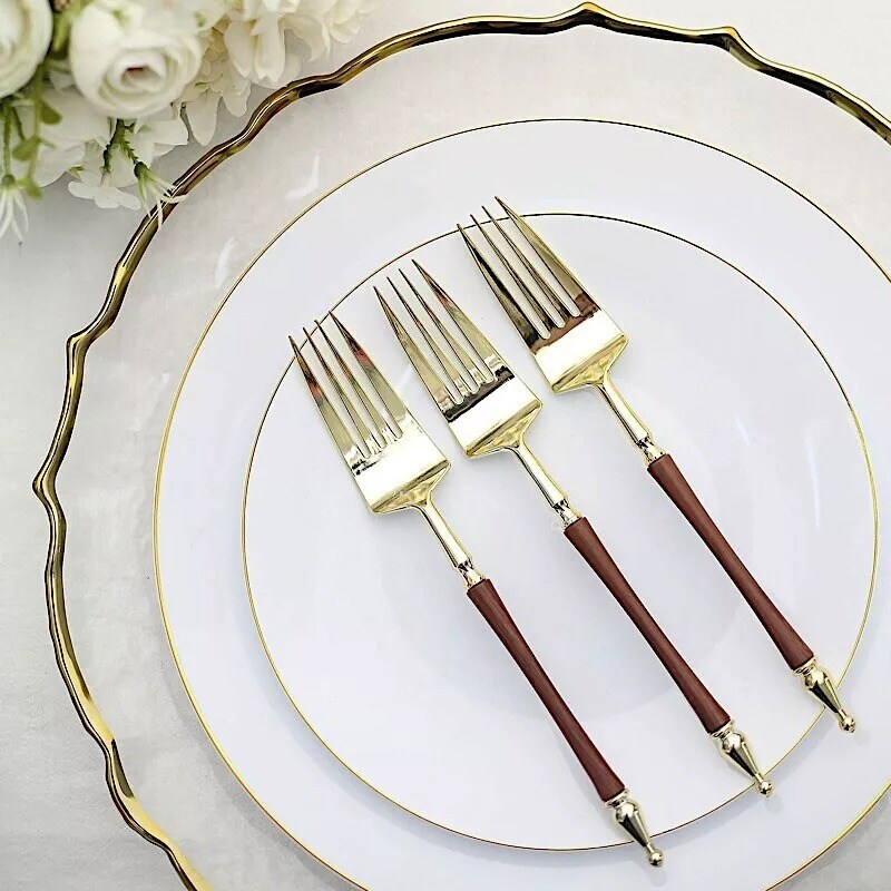 24 Plastic 8&#x22; Gold Brown Plastic Forks Roman Column Handle Party Home Tableware