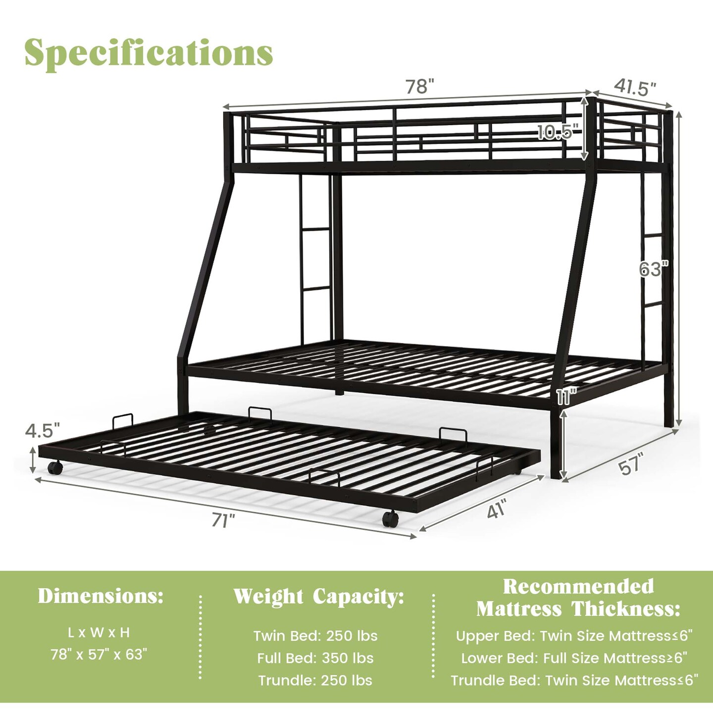 Costway Twin Over Full Metal Slats Bunk Bed Frame with Trundle, Guard Rail &#x26; Ladders White/Black