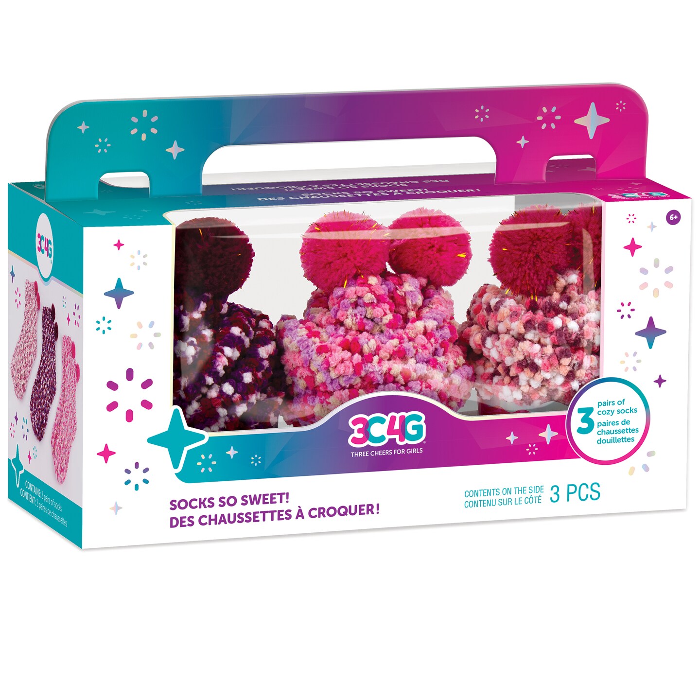3C4G: Socks So Sweet - Cupcake Socks - 3 Pairs Of Cozy Socks, Make It Real, Fuzzy Socks With Pom Poms, Pink Purple &#x26; Cream Hues, Three Cheers For Girls, Kids Ages 6+