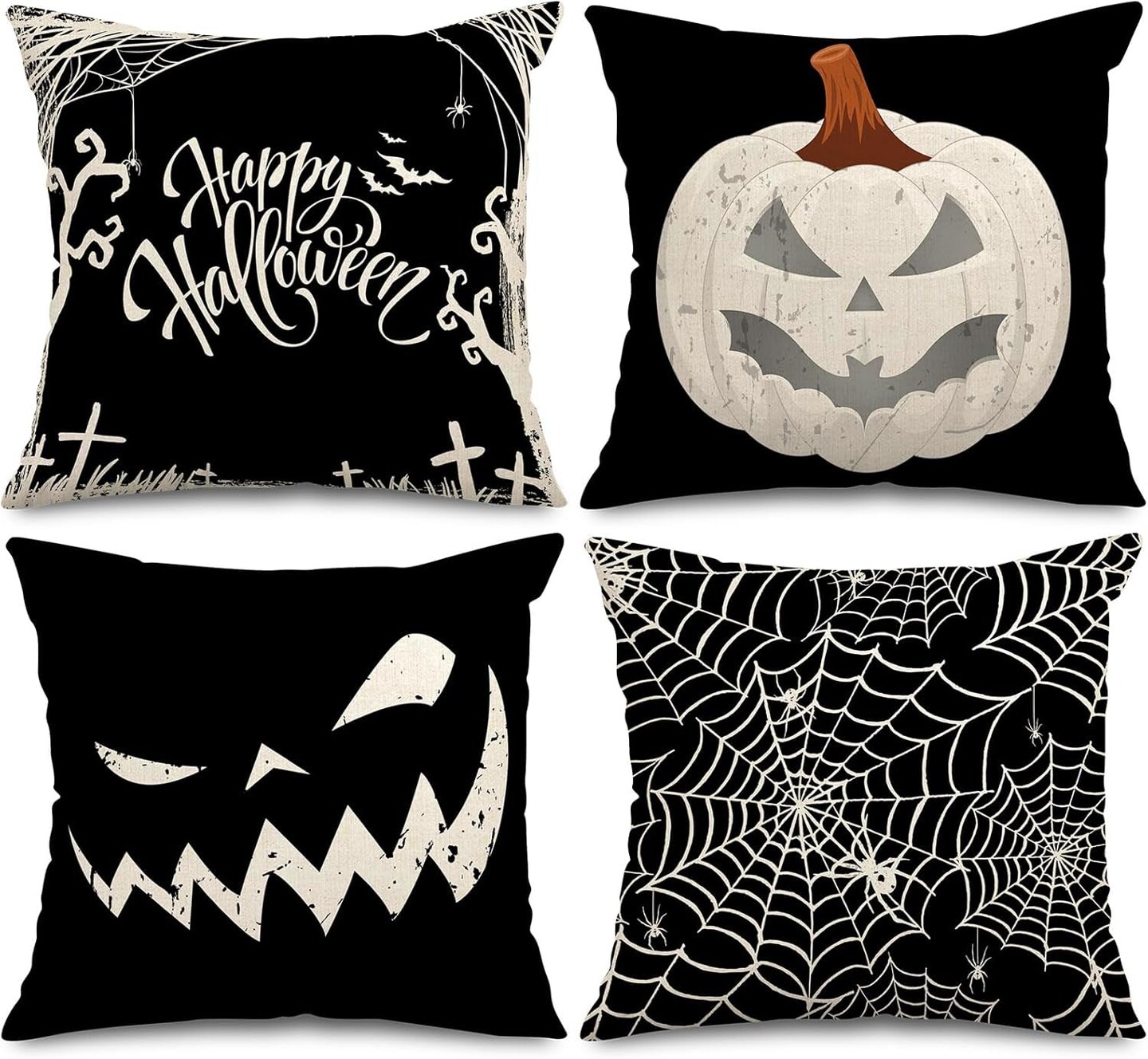 Happy Halloween Pillow Cover 16 X 16 Inch Pumpkin Spider Web Pillow Case Black Linen Throw Cushion Cover Cushion Cases for Home Office Halloween Sofa Bed Decoration, 4Pcs