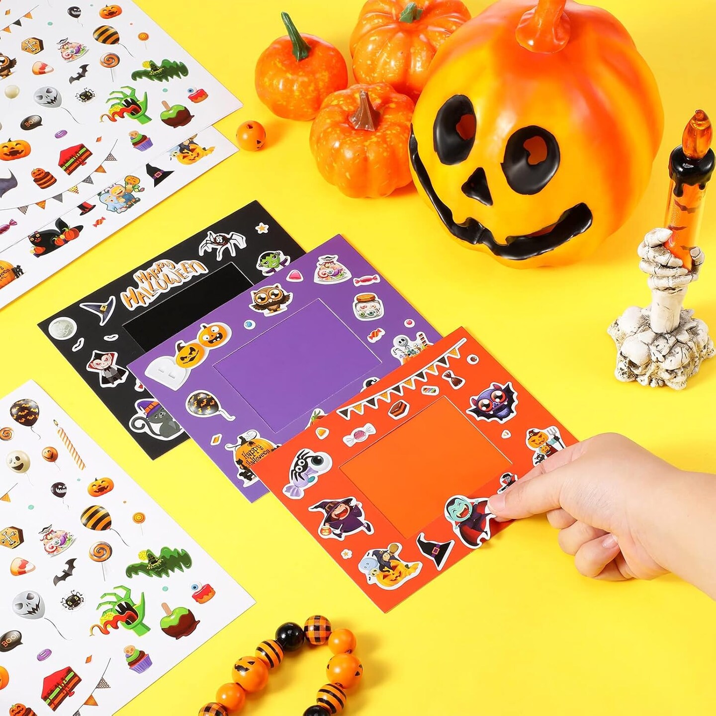 Halloween Photo Frame Craft with 12 Pcs Stickers Pumpkin Picture Frame Craft Halloween Party Decorations for Kids Halloween Activity, Classroom Crafts Supplies