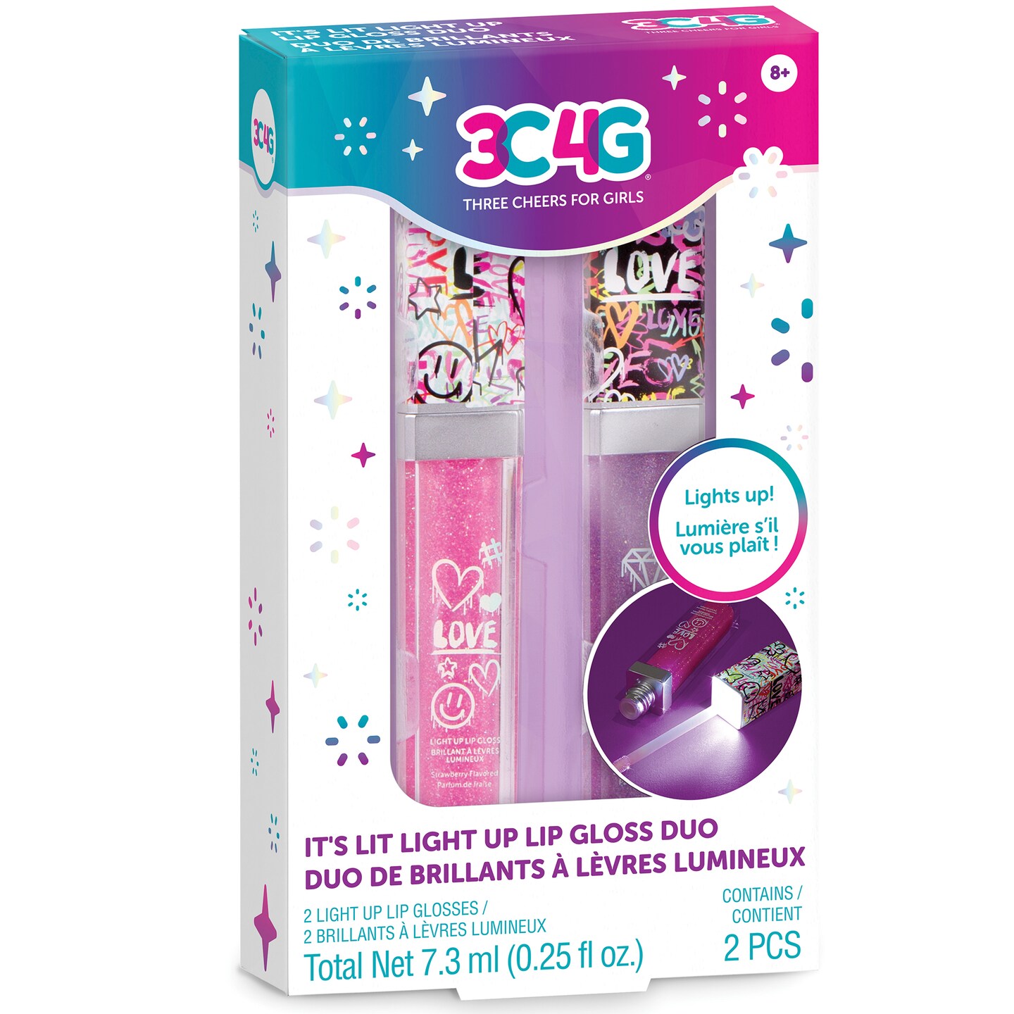 3C4G: Graffiti: It's Lit Light Up Lip Gloss Duo - Pink & Purple LED Wand Glitter Lip Gloss, Strawberry Flavored, Teens Tweens & Girls, Make It Real, Lights Up!, Three Cheers For Girls, Ages 8+