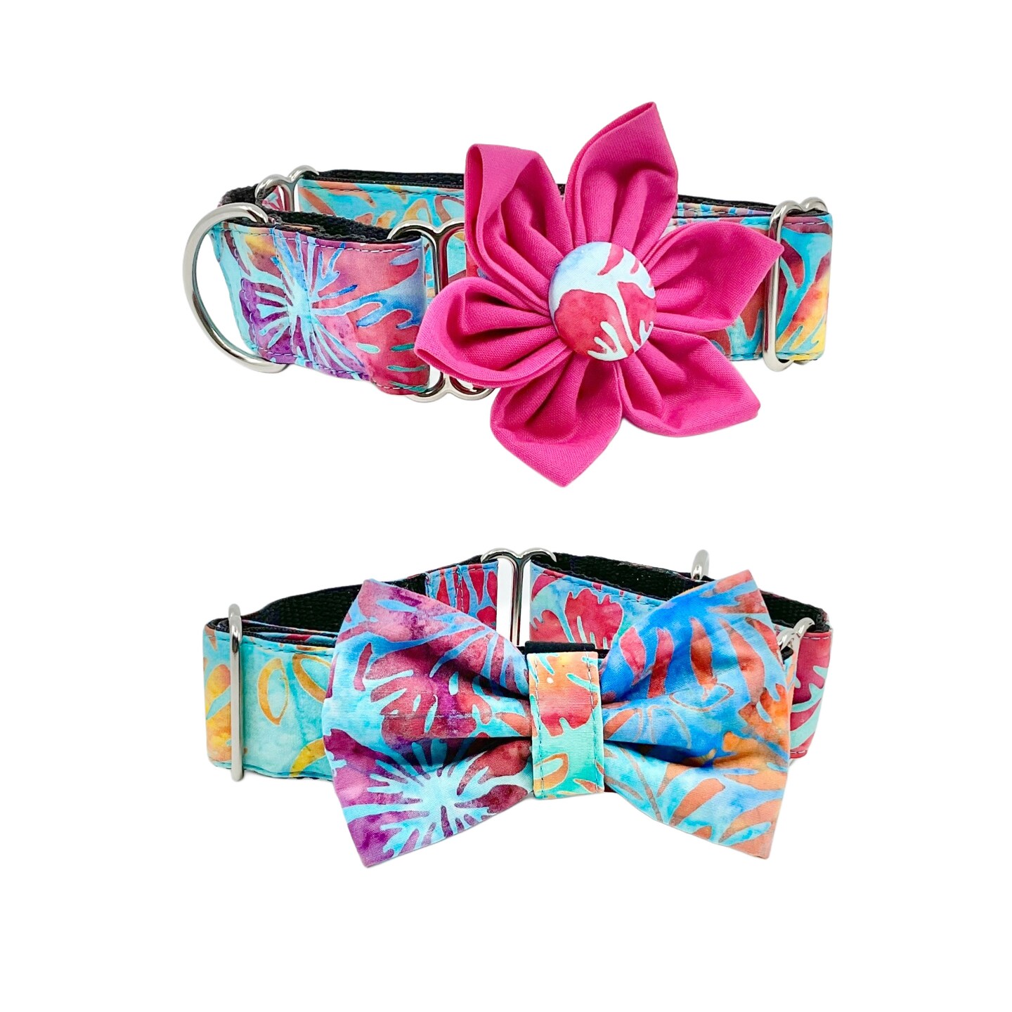 Tropical Hibiscus Batik Martingale Dog Collar With Optional Flower Or