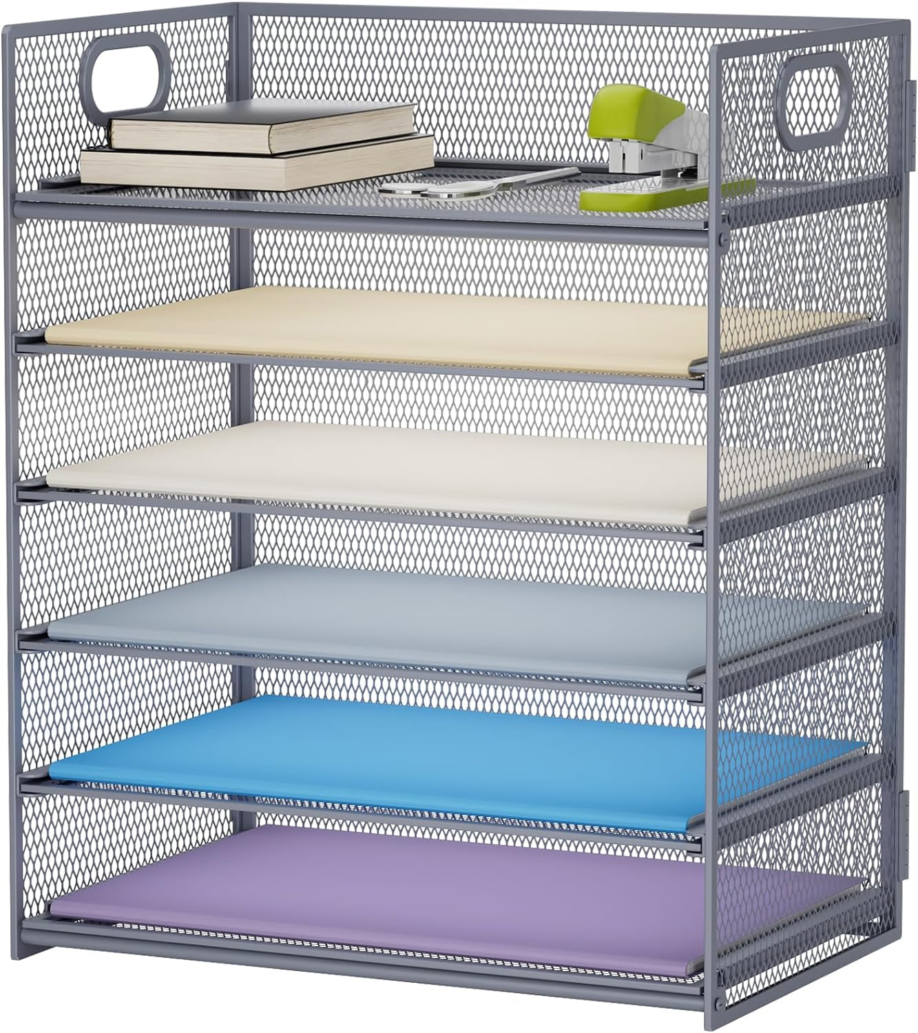 6 Tier Paper Organizer Letter Tray - Mesh Desk File Organizer with Handle, Paper Sorter Organizer for Letter/A4 Office File Folder Holder - Grey