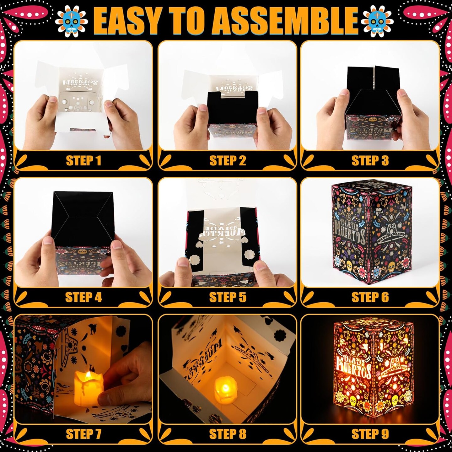 Day of The Dead Decorations 24pcs Sugar Skull Paper Candles Holders Boxes with 24 Flameless LED Tea Lights Candles Dia De Muertos Decorations Supplies