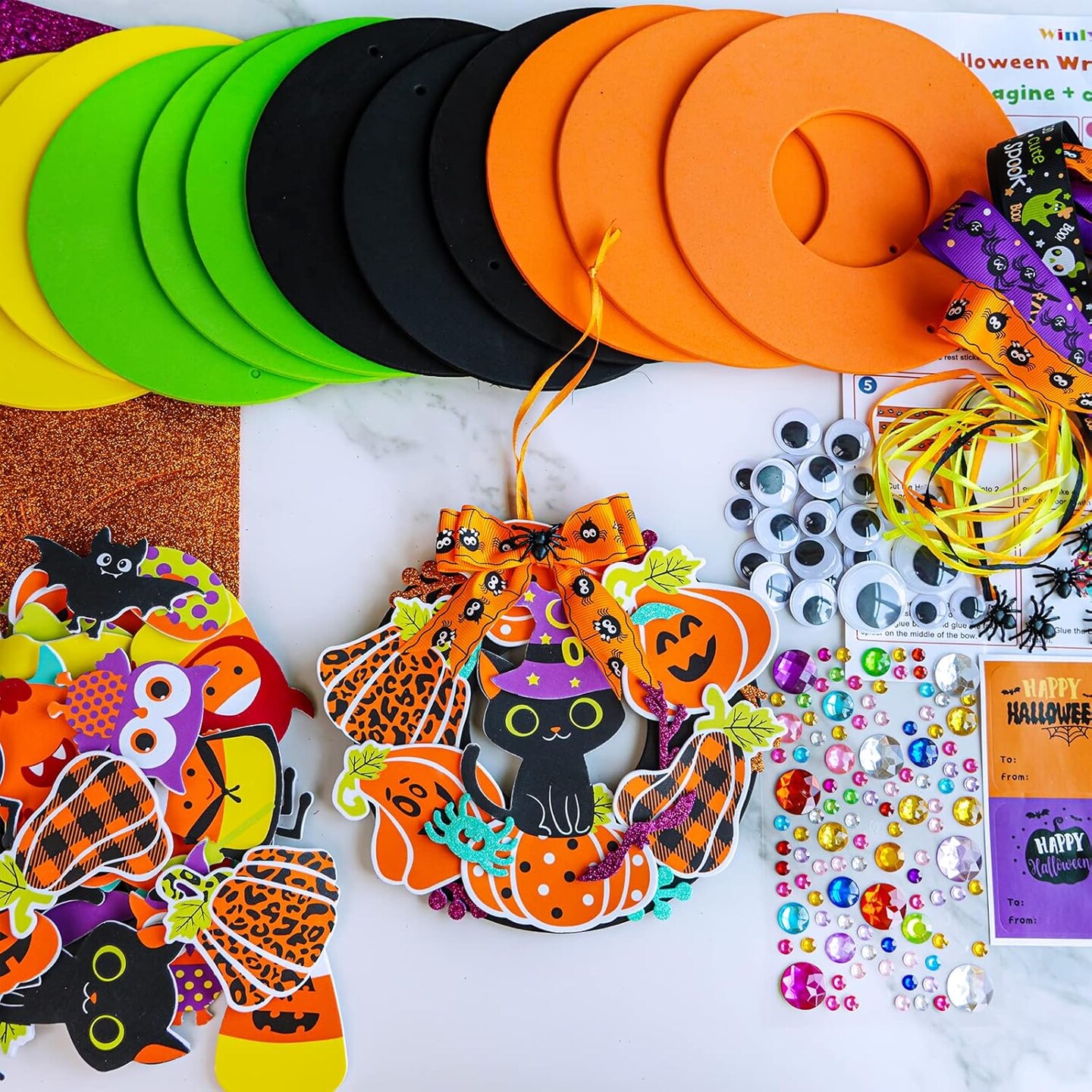 DIY Halloween Wreath Decorations Art Sets Pumpkin Monster Candy Corn Spider Bat Arts and Crafts Halloween Foam Stickers for Kids Classroom Activities