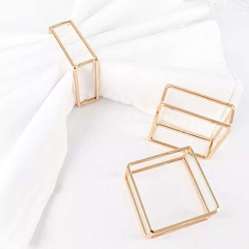 4 Gold Square Geometric Cube Metal Napkin Rings Wedding Party Events Decorations