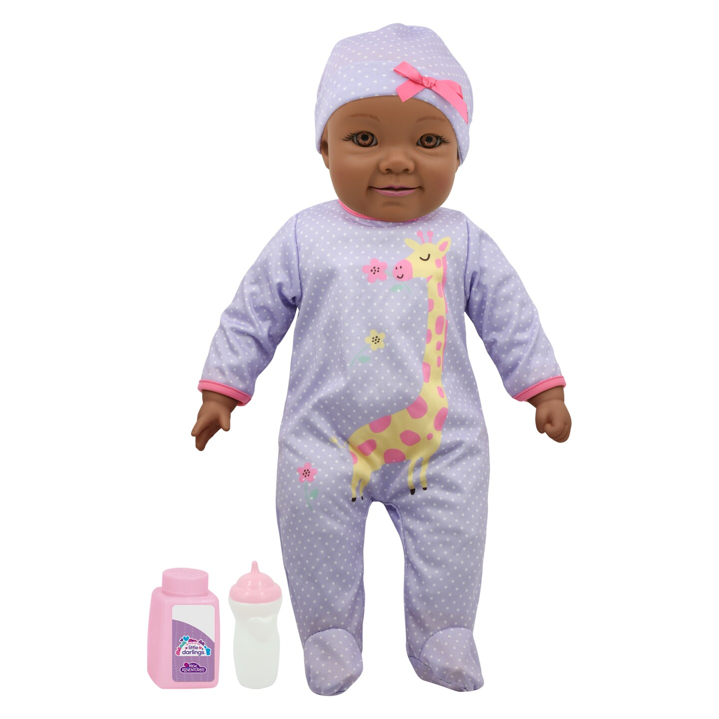Little Darlings: 19&#x22; Cuddle Baby AA - Purple Giraffe - Makes 6 Different Baby Sounds, Includes Bottle &#x26; Powder Bottle