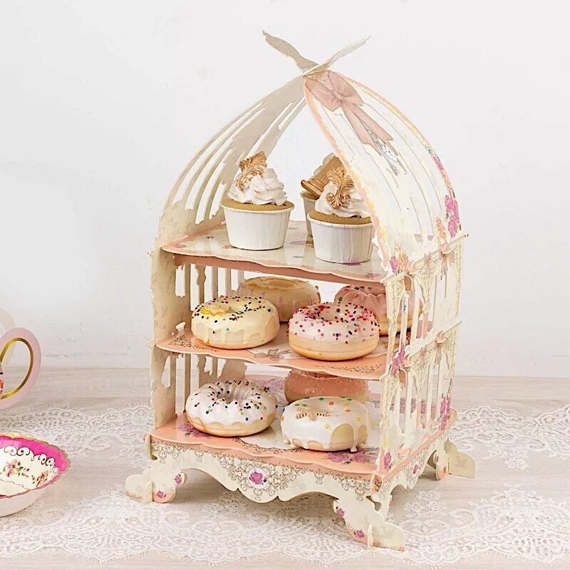 3 Tier White Peach Birdcage Cardboard Cupcake Stand Floral Print Party Events