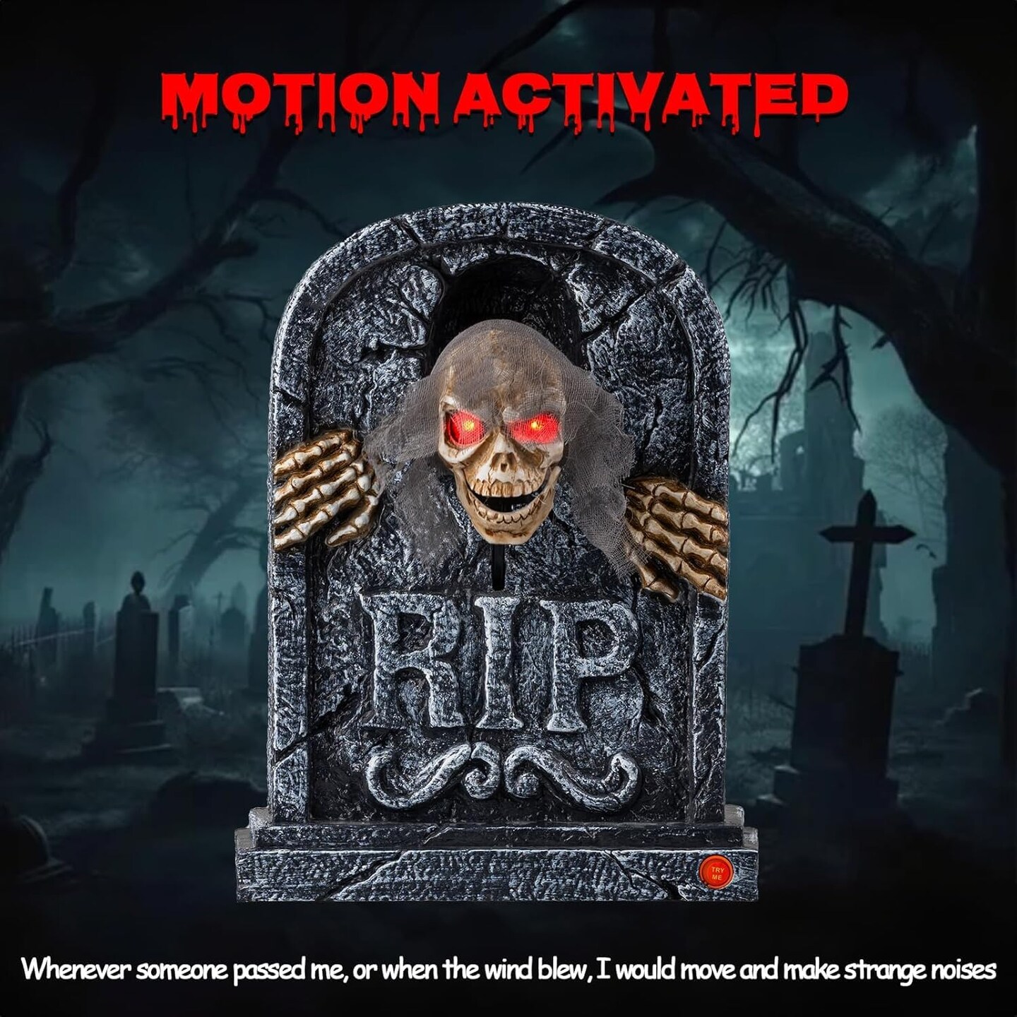Halloween Animatronics Zombie Tombstone - LED Gravestone Decorations with Skeleton Skull, Light Up Eyes, Motion Activated, Creepy Voice, Scary Motion Haunted Horror Prop for Indoor/Outdoor
