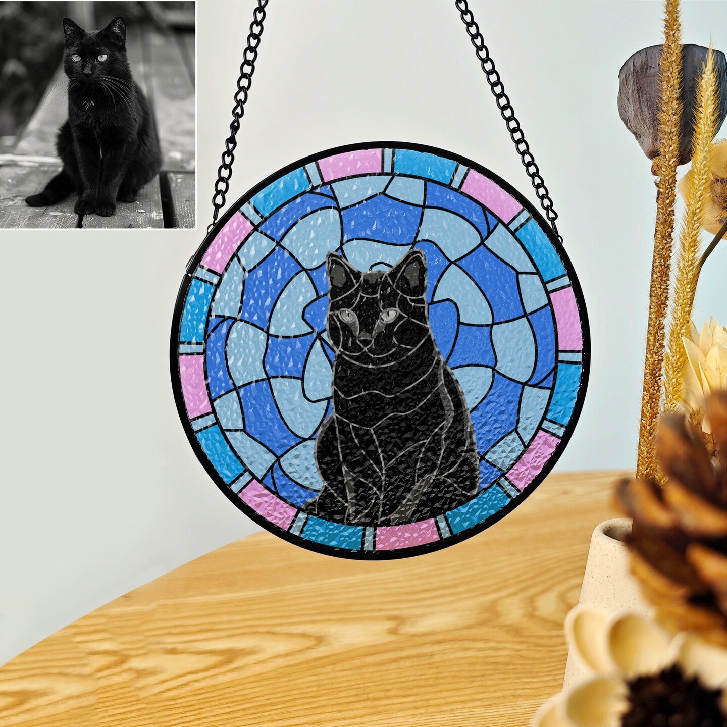 Snowman with Dog or Cat Handmade good Stained Glass Suncatcher