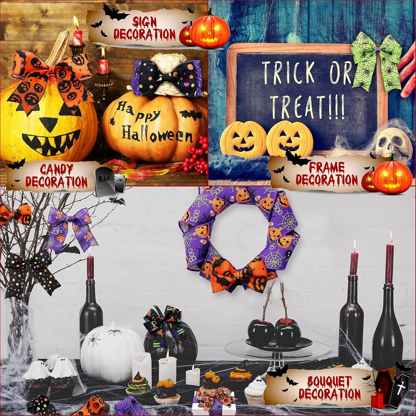 Ribbons Bat Spider Web Printed Ribbon Witch Legs Hat Skull Pumpkin Ribbons Halloween Decorative Wrapping Ribbon for Halloween Home Wreath DIY Craft Floral Bow