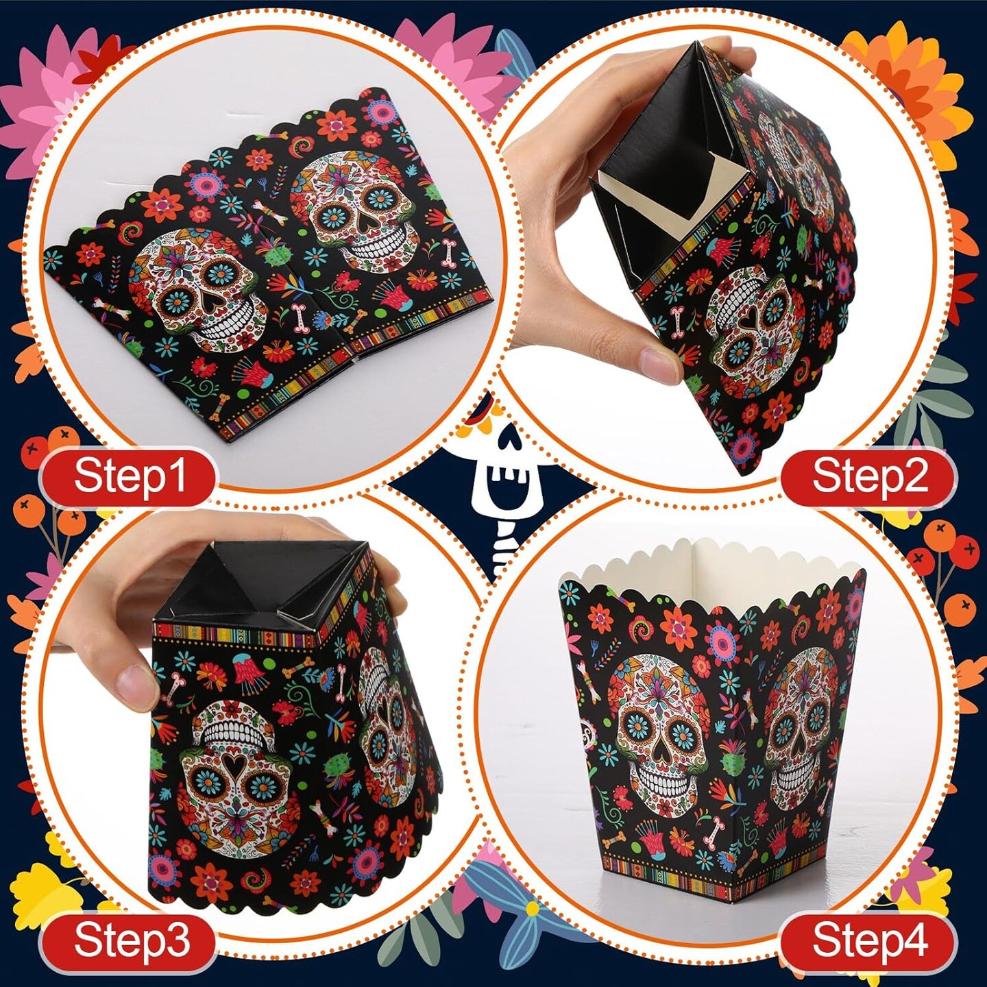 100 Pcs Popcorn Containers Bulk for Party Mini Popcorn Box Dia De Los Muertos Popcorn Treat Boxes Popcorn Bowls Snack Candy Box for Day of the Dead Flower Skull Theme Halloween Party Supplies