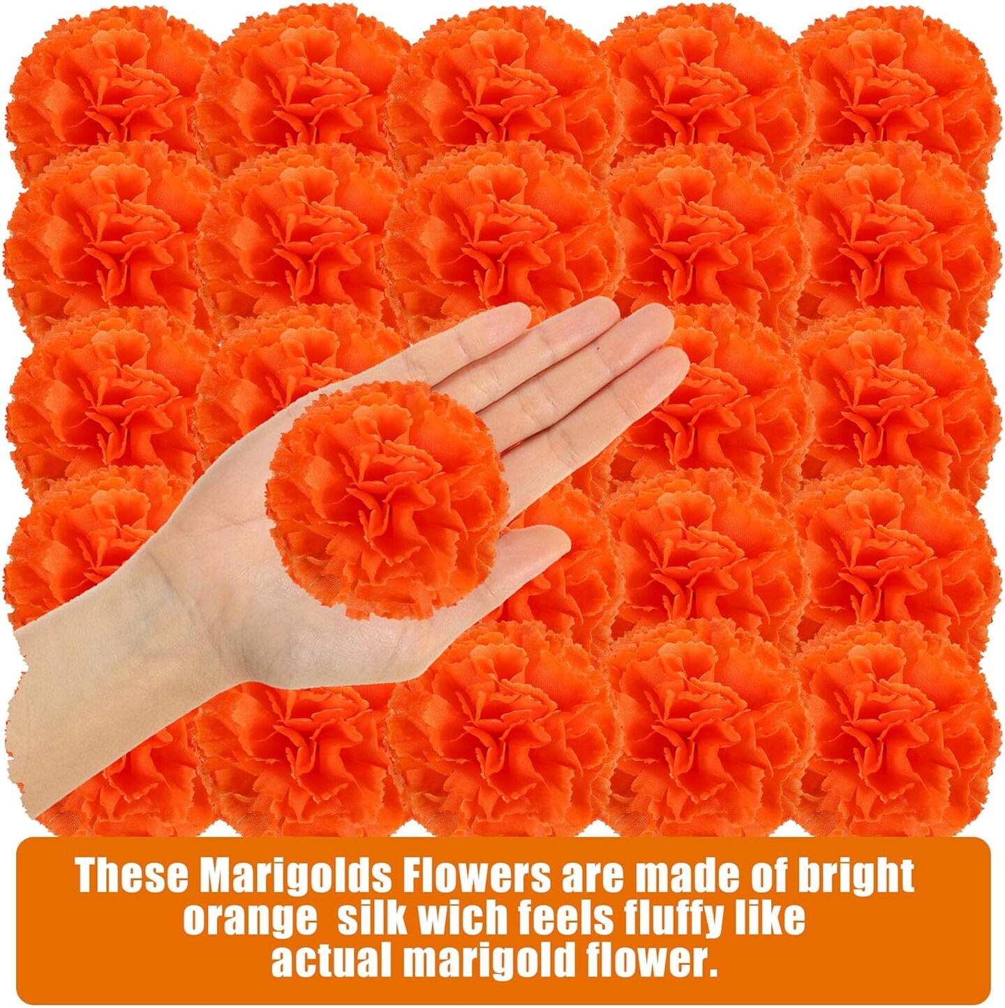 100PCS Artificial Marigold Flowers Heads Silk Orange Flower for Dia De Los Muertos Day of The Dead Diwali Home Decor Indian Theme Weddings DIY Wreath Garland Decoration