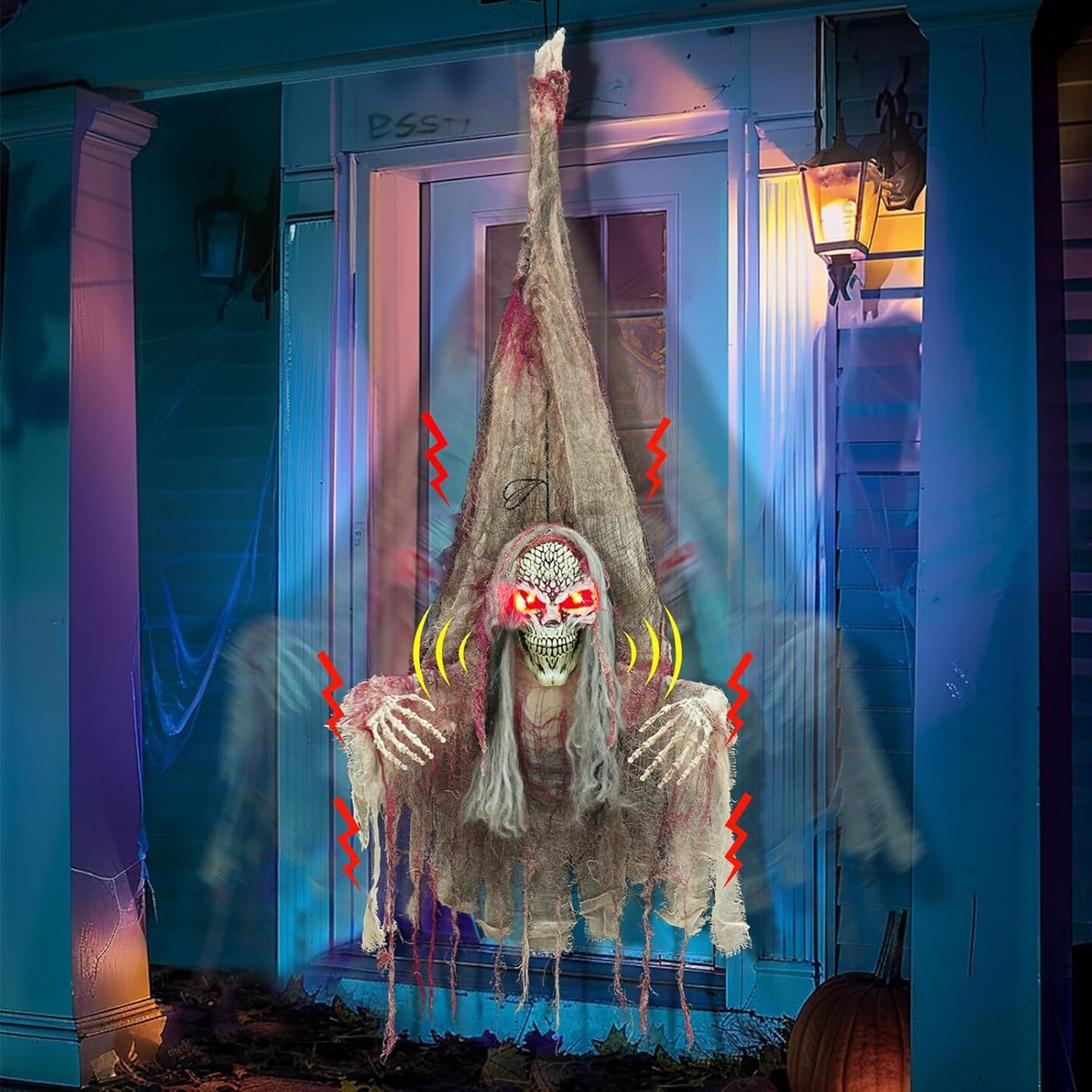 [ Talking &#x26; Sound Activated ] 4 Ft Halloween Animatronics Hanging Outdoor Skeleton Decorations with Glow Red Eyes &#x26; Shake Body, Creepy Sound Halloween Hanging Ghost Props Decor for Yard Haunted House