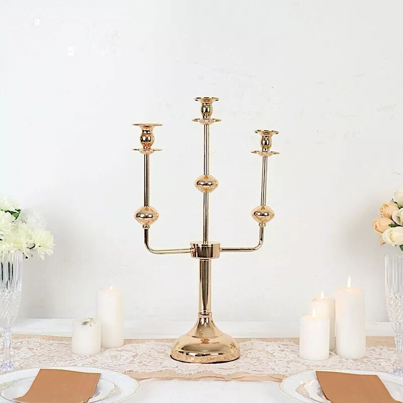 Gold 20&#x22; Metal 3 Arm Candelabra Taper Candle Holder Centerpiece Party Events