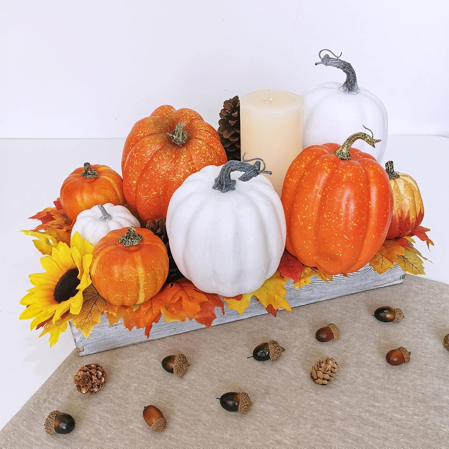 14 Pcs Assorted Artificial Orange and White Pumpkins Harvest Decorative Pumpkins