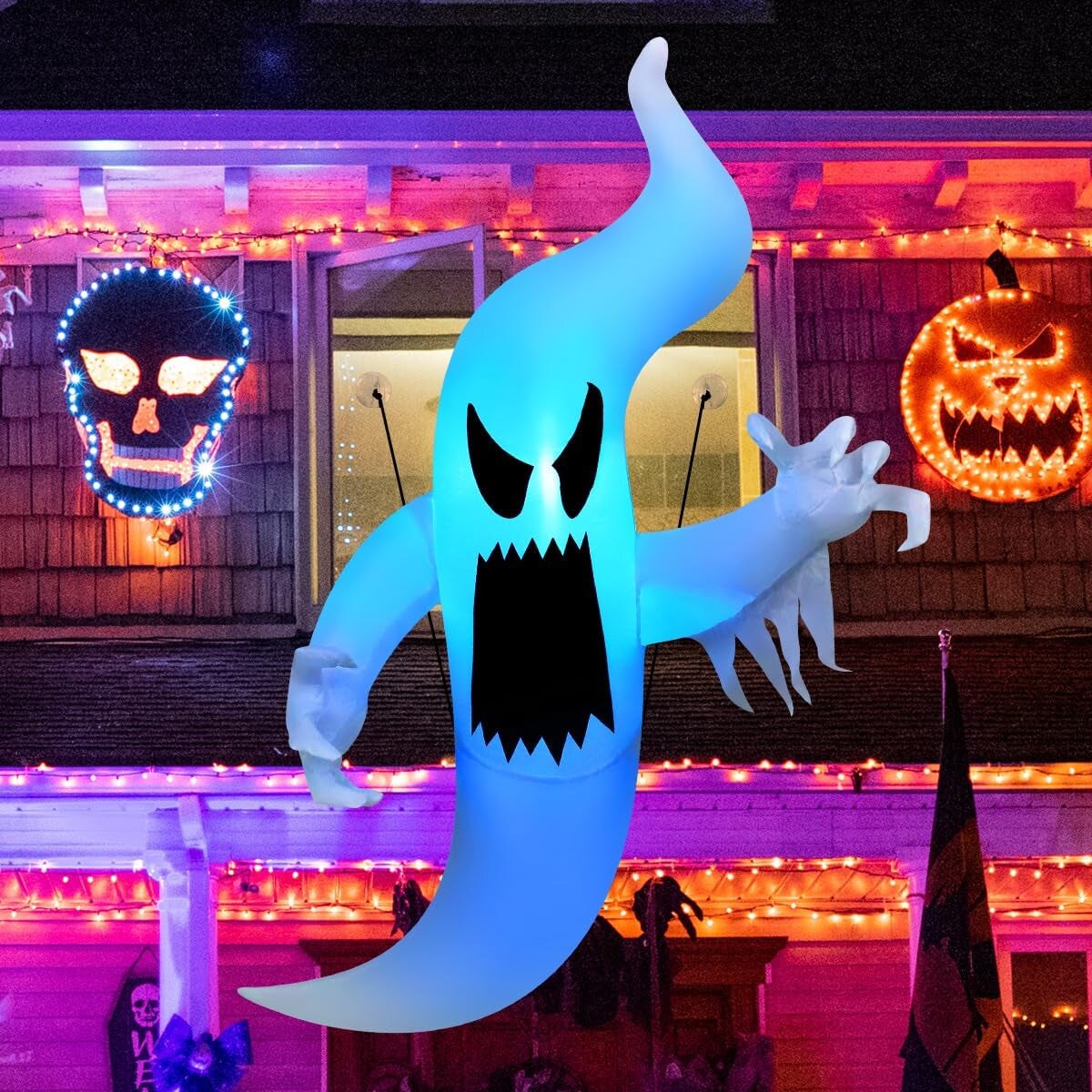 6 FT Halloween Inflatables Ghost Outdoor Decorations Blow up Yard Multicolor Hanging Ghost with Built-In Leds for Window Garden Outdoor Decor