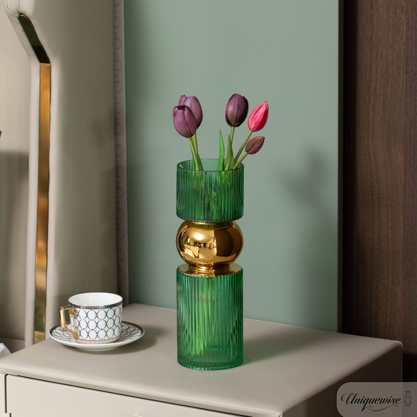 Set of 2 Decorative Green Tall Glass Vase - Modern Minimalist Decor for Parties, and Special Events - Perfect Centerpiece for Coffee Tables, Living Rooms, Dining Tables, Offices, and Farmhouse Decor