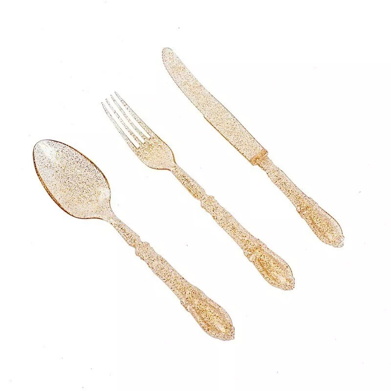 24 Gold Glittered Clear Heavy Duty Plastic Cutlery Party Events Home Tableware