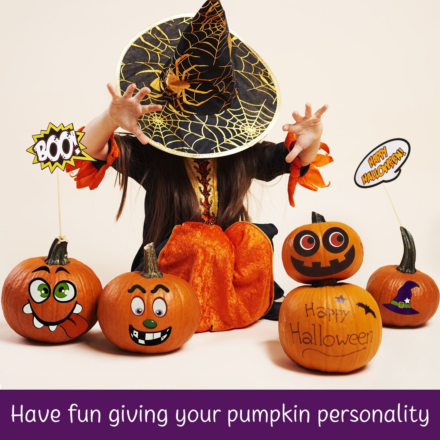 Wrapables Halloween Mini Pumpkin Face Stickers, DIY Halloween Pumpkin Decorating Stickers for Party Supplies, Favors, Trick or Treat (32 Sheets)