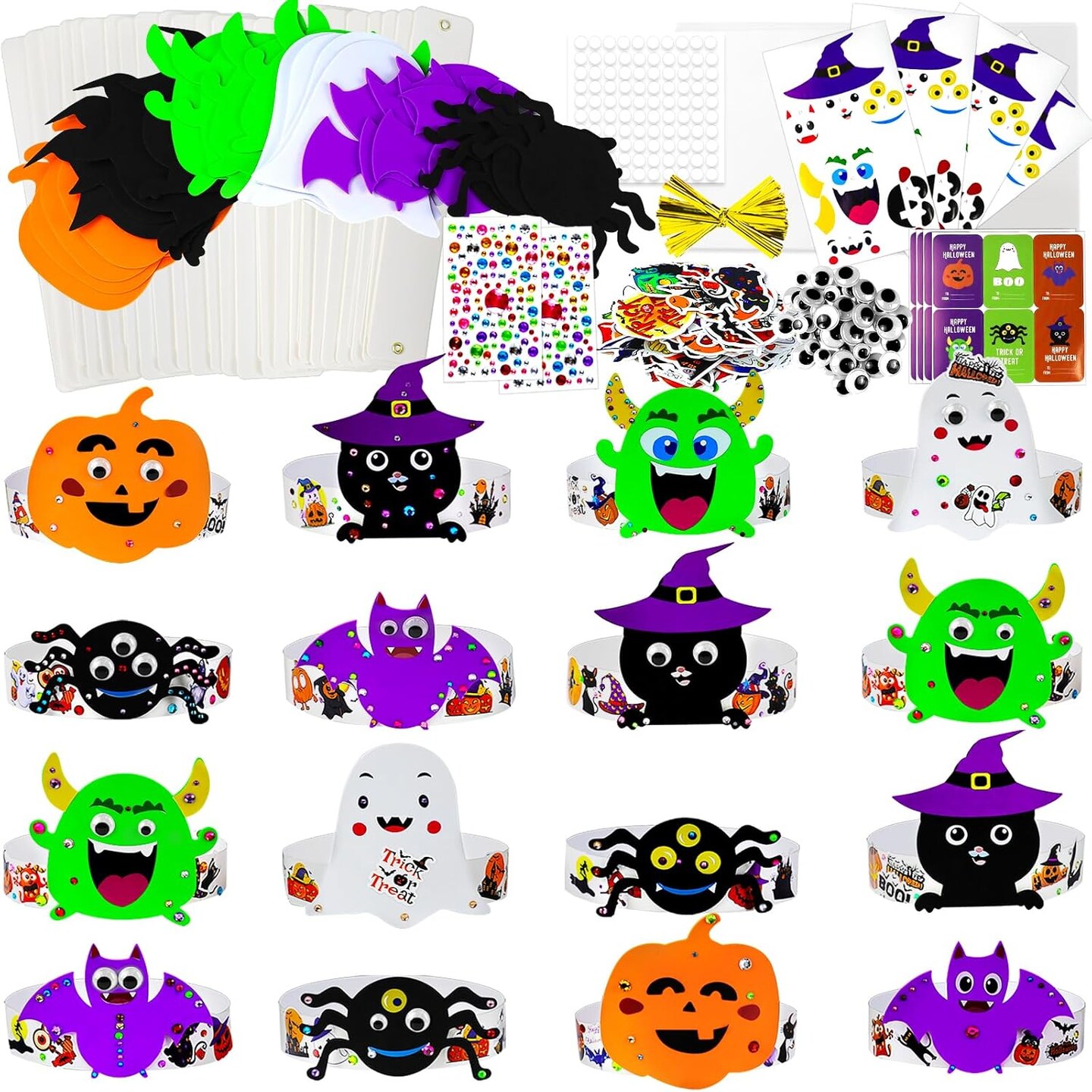 Crown Halloween Headbands Craft Kits Art Set, Pumpkins Ghost Monster Bat Spider Paper Hat with Halloween Foam Stickers for Classroom Activities Party Favors