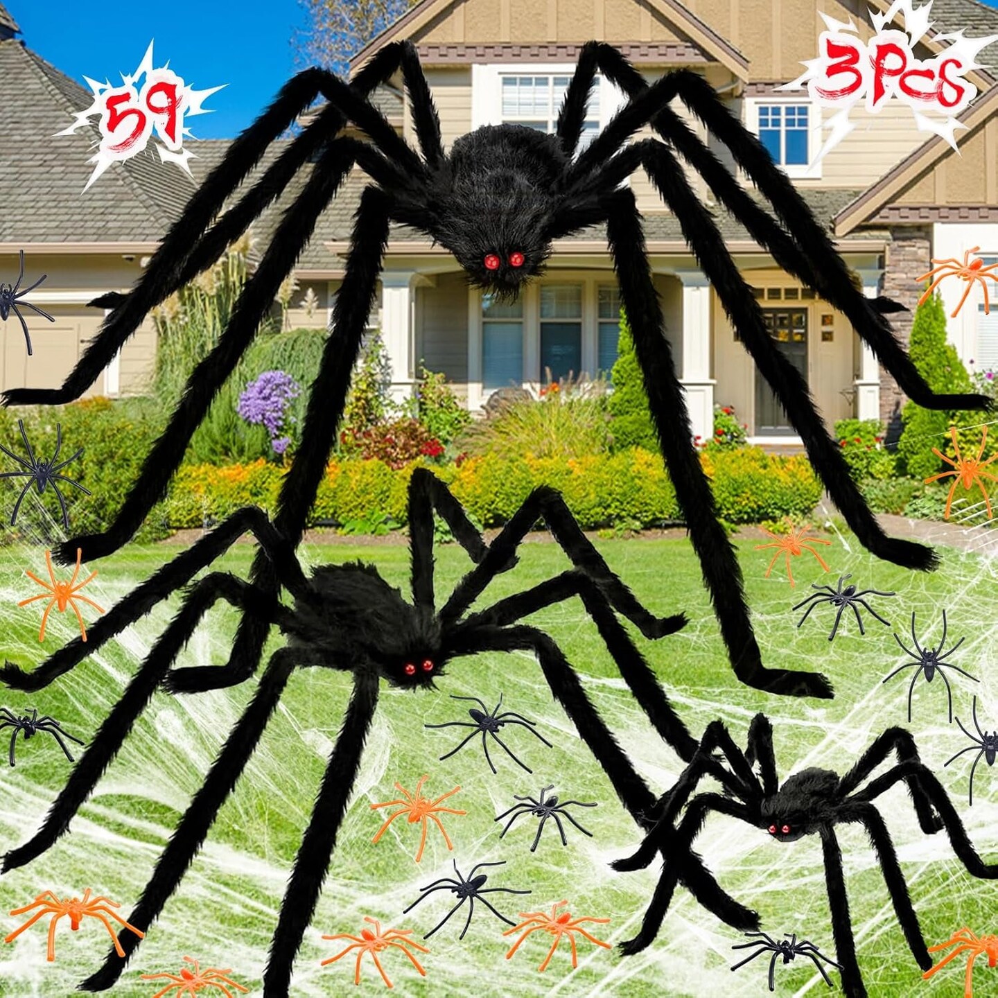 Halloween Giant Spider Decorations Indoor Outdoor Realistic Halloween Spider 3 Pack Sets with 250Sqft Spider Webs and 20 Fake Mini Spiders, Scary Hairy Spiders Props Yard Creepy D&#xE9;cor