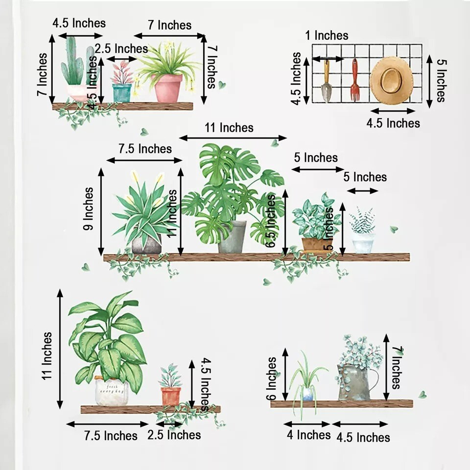 Green Wall Stickers Shelves with Potted Plants Removable PVC Bedroom Decorations