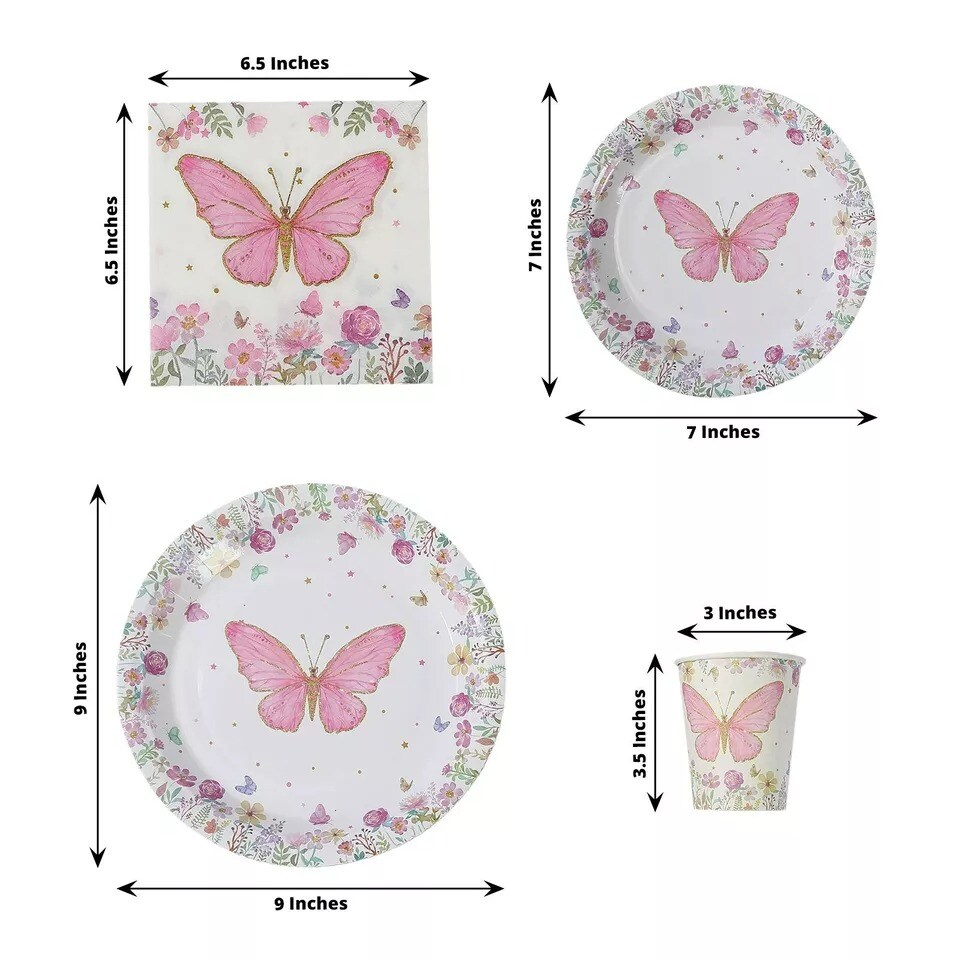 96 White Pink Butterfly Print Disposable Tableware Set Party Events Decorations